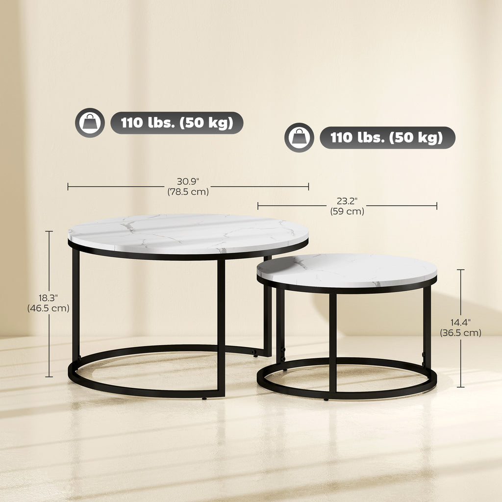 Modern Coffee Table Set of 2, Nesting Side Tables w/ Metal Base for Living Room Bedroom Office Faux Marbled White