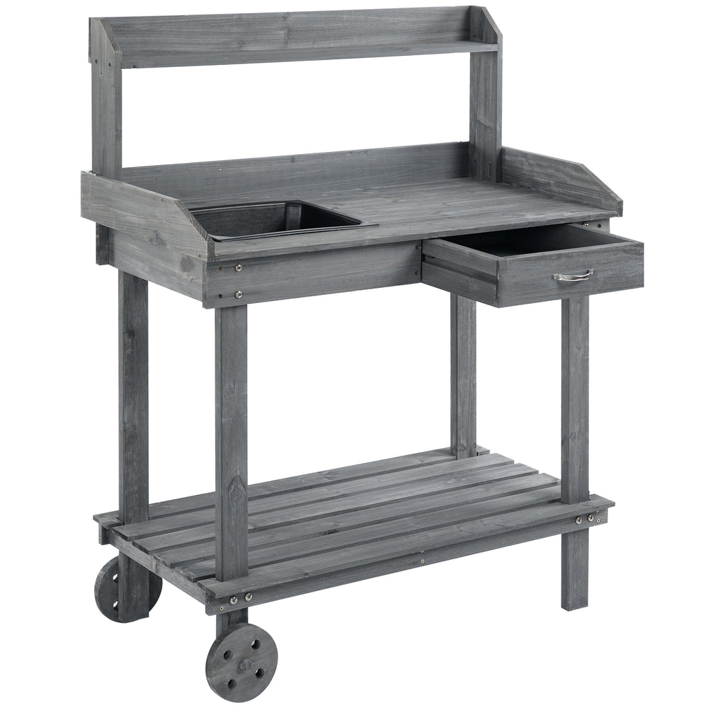 36" Wooden Potting Bench Work Table with 2 Removable Wheels, Sink, Drawer & Large Storage Spaces, Gray