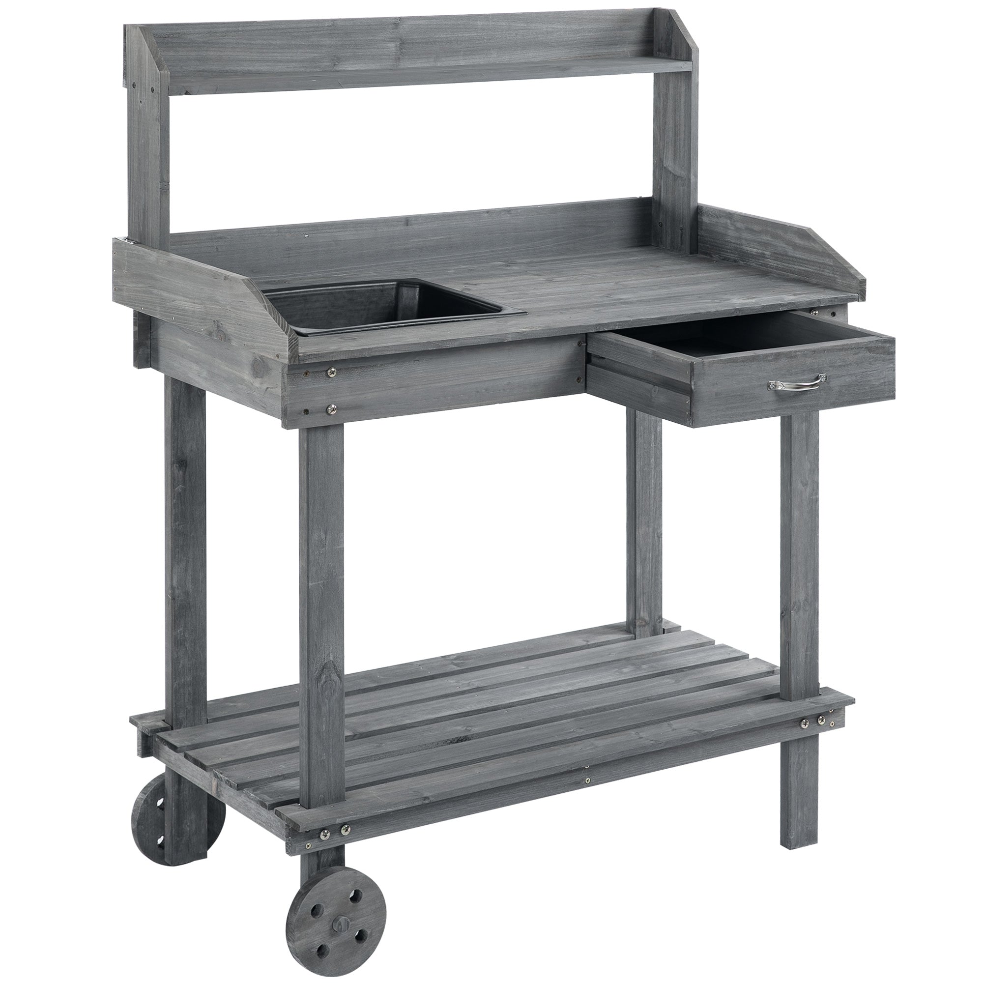 36" Wooden Potting Bench Work Table with 2 Removable Wheels, Sink, Drawer & Large Storage Spaces, Gray
