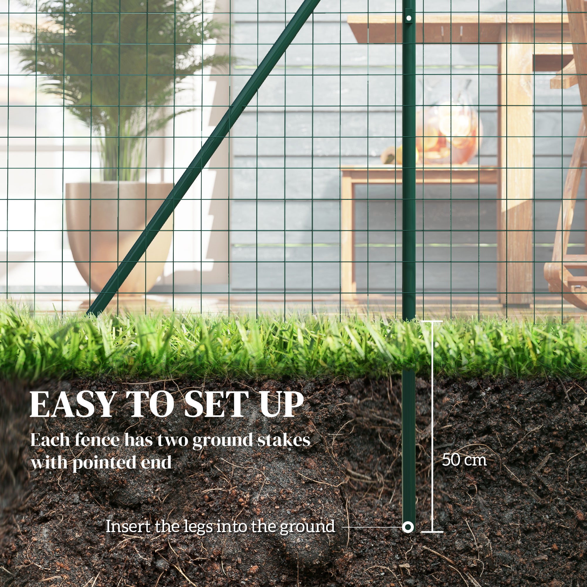Garden Fence Barrier, Welded Fence Roll, Includes Posts & Support Braces, Green Plastic-Coated Steel