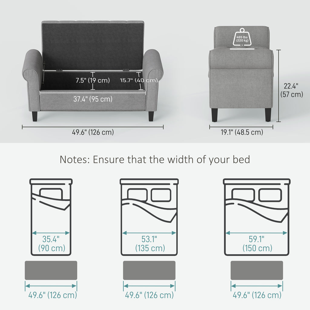 50 Inches Storage Ottoman, Upholstered Bedroom Bench with Rolled Arms and Button Tufted Storage, Light Grey
