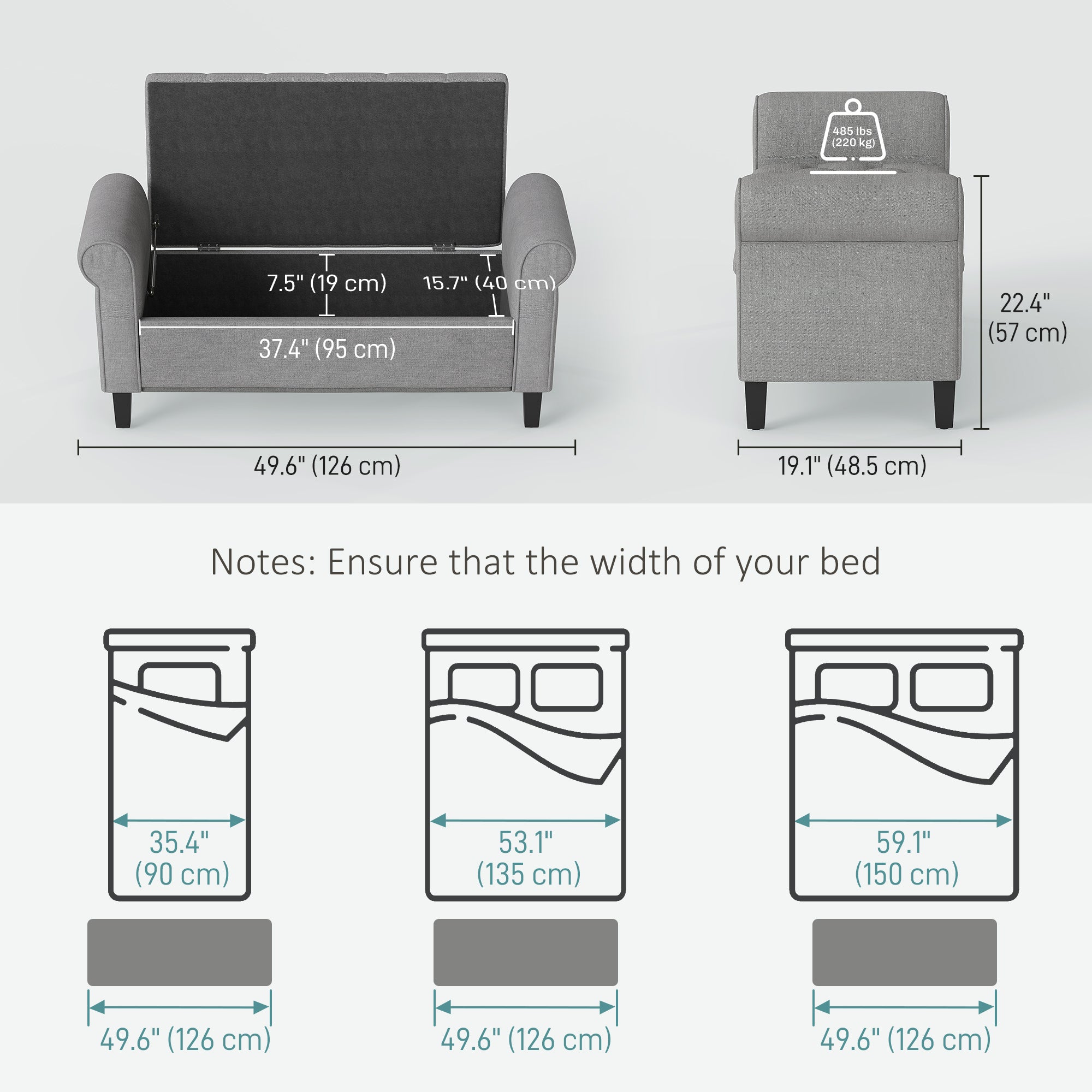 50 Inches Storage Ottoman, Upholstered Bedroom Bench with Rolled Arms and Button Tufted Storage, Light Grey