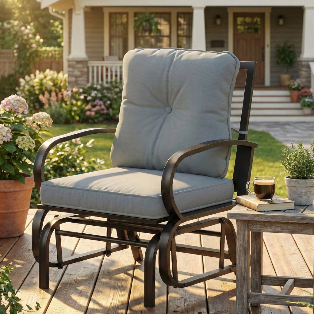 Patio Glider, Outdoor Glider Chair with Cushions, Steel Frame, Curved Armrests, Light Grey
