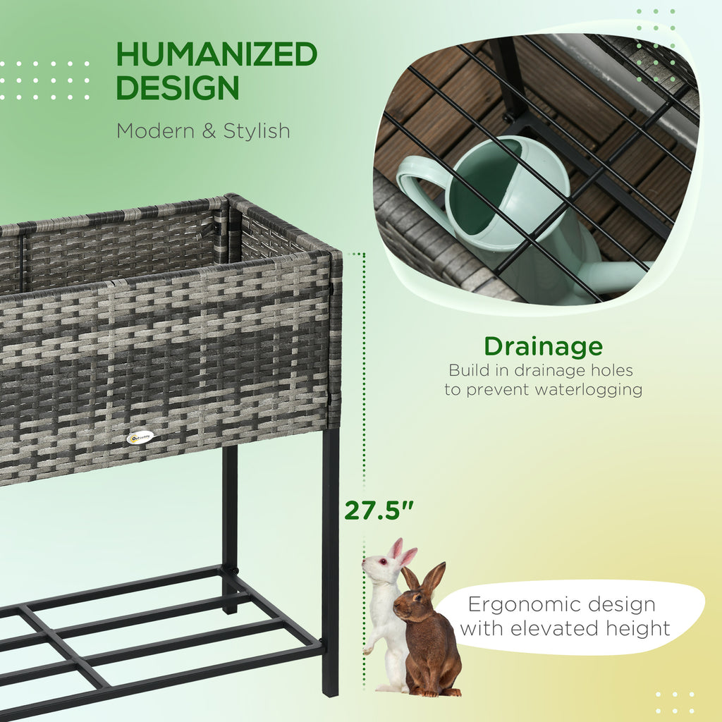 Rattan Raised Garden Boxes, Elevated Flower Beds with Storage Shelf for Herbs, Flowers, Vegetables, Mixed Grey