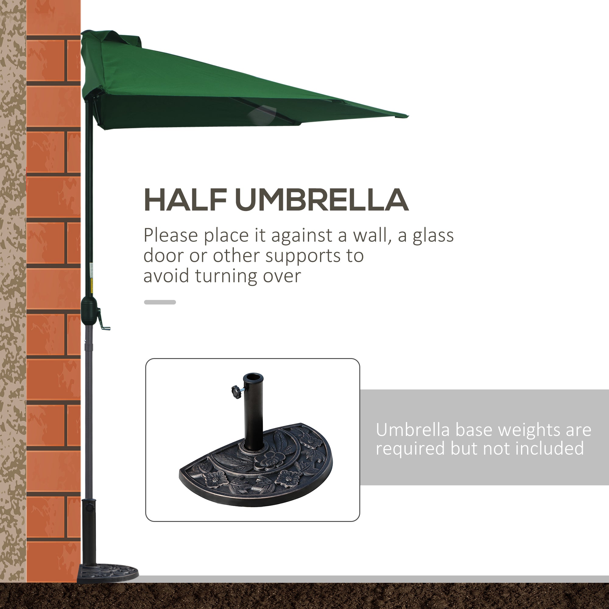 9.8ft Half Umbrella Semi Round Patio Parasol with Crank Handle, Top Vent for Garden, Balcony- NO BASE INCLUDED, Green