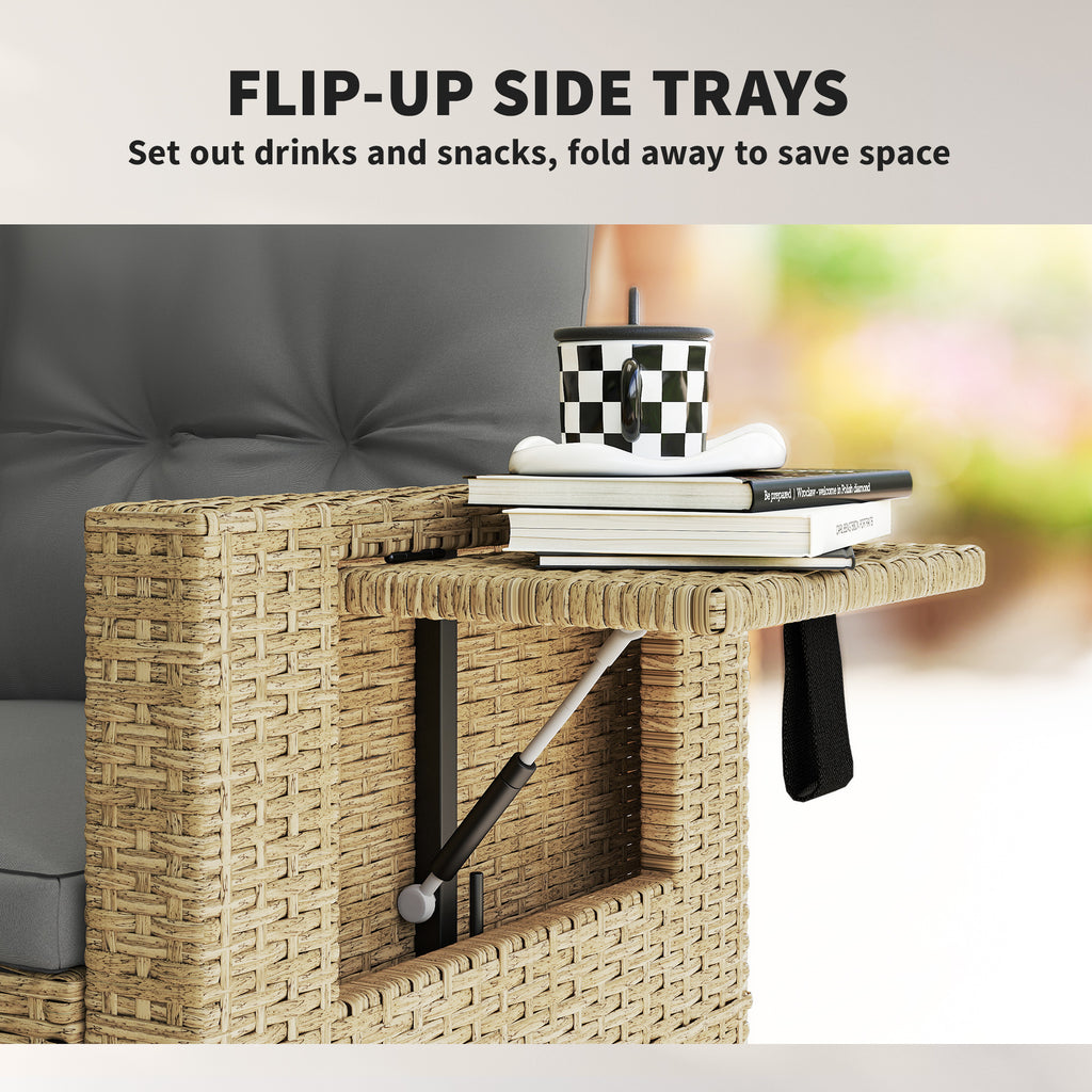 Wicker Outdoor Sofa with Side Trays, Rattan Patio Loveseat with Cushions for Garden Balcony, Light Grey