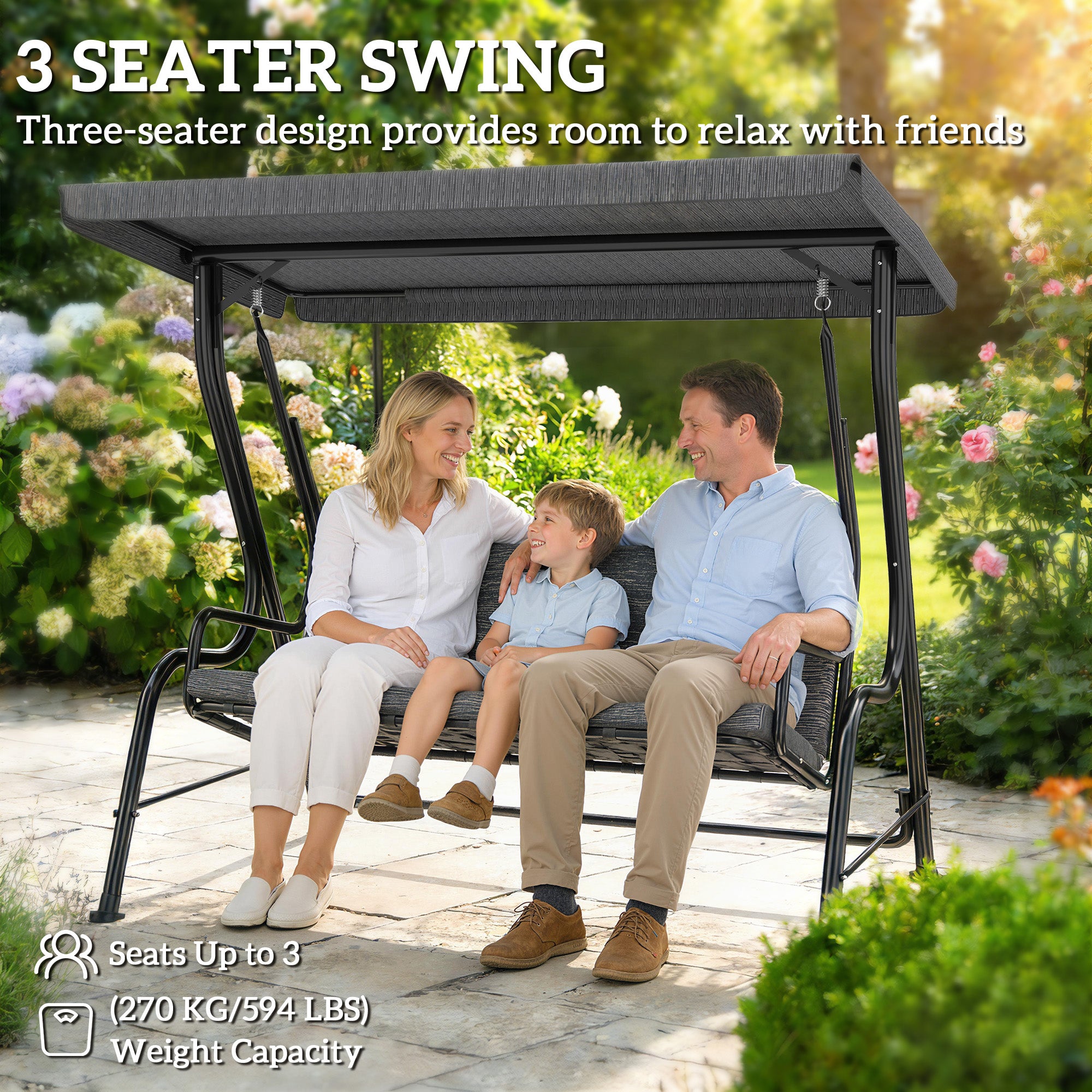 3-Person Porch Swing Chair, Patio Swing Bench with Adjustable Canopy, Removable Thicken Cushion, Black