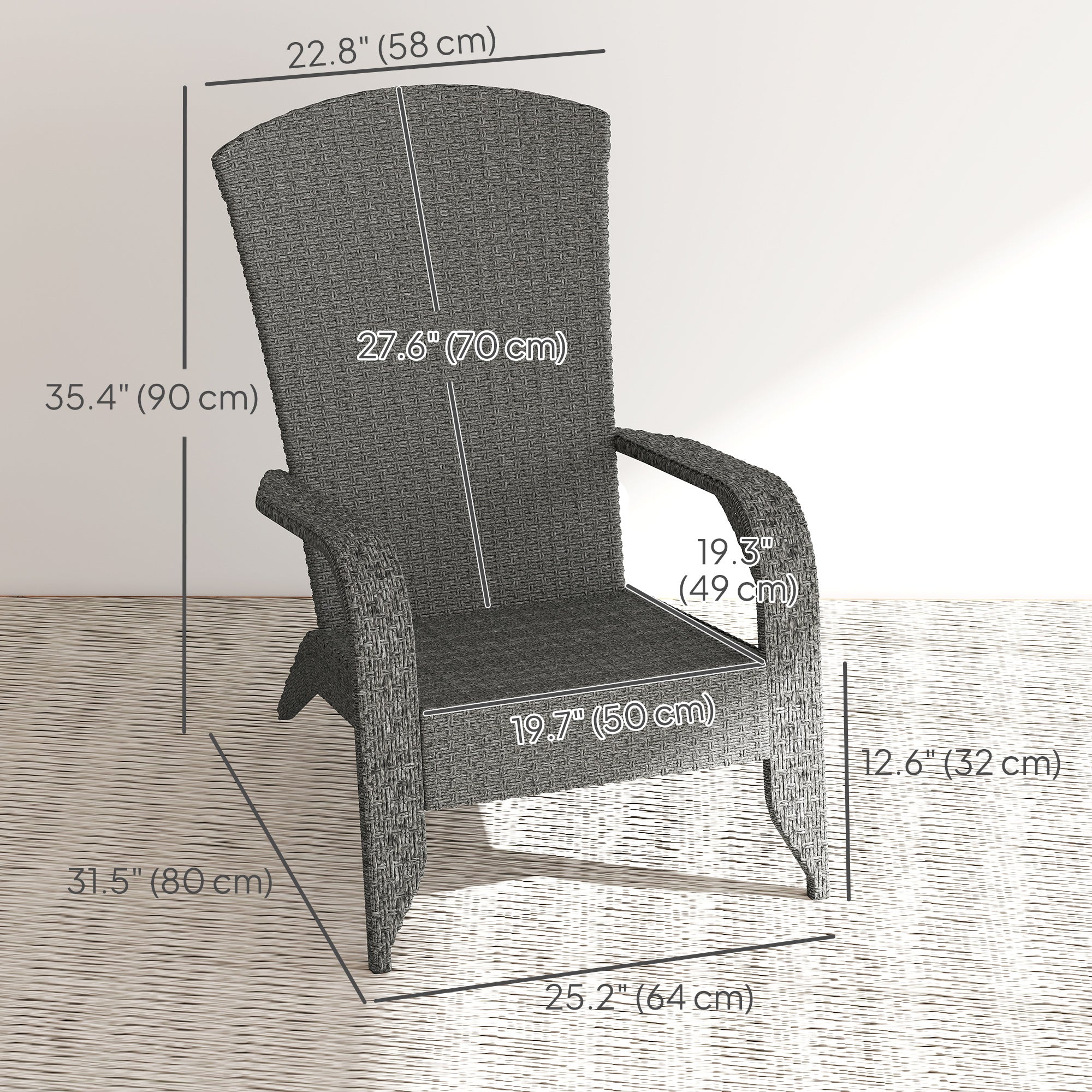 Wicker Adirondack Chair, PE Rattan Outdoor Fire Pit Chair Muskoka Chair with Cushions, Heather Grey