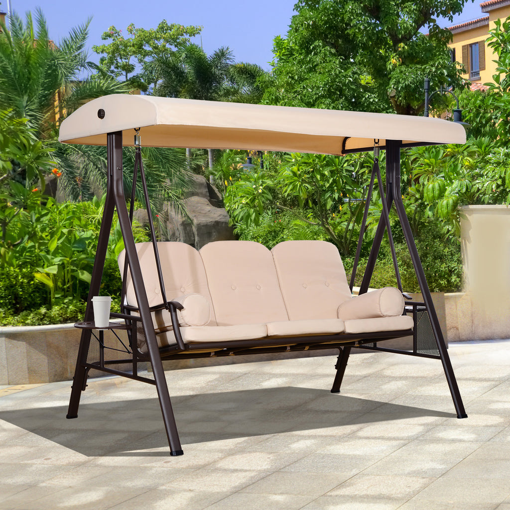 3 Seater Heavy Duty Swing Chair Outdoor Lounge Hammock Cushioned Seat W/ Tilt Canopy, Beige