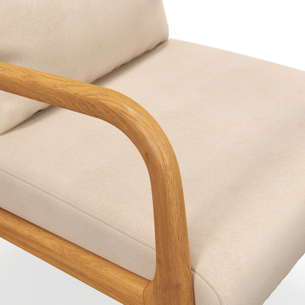 Fabric Lounge Chair, Velvet Armchair, Retro Accent Chair with Wood Legs and Thick Padding for Bedroom, Beige