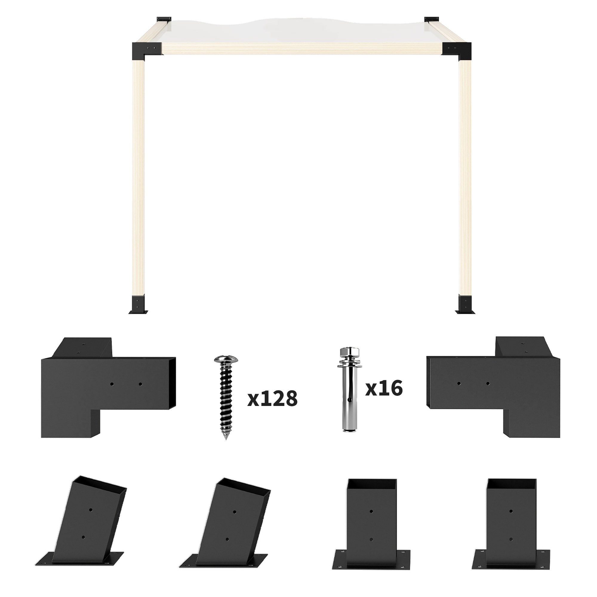 Pergola Kit, 15Â° Slanted Pergola Bracket Kit with 3-Way Brackets, Post Bases, Wall Mounts for 3.6" X 3.6" Lumber, Black