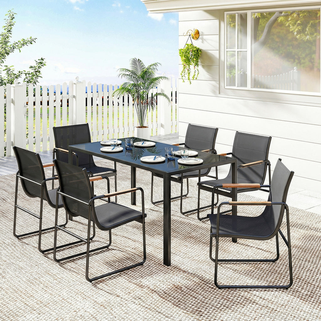 7 Pieces Outdoor Dining Set for 6, Glass Patio Table and Chairs with Decorative Armrests, All Weather Mesh, Black