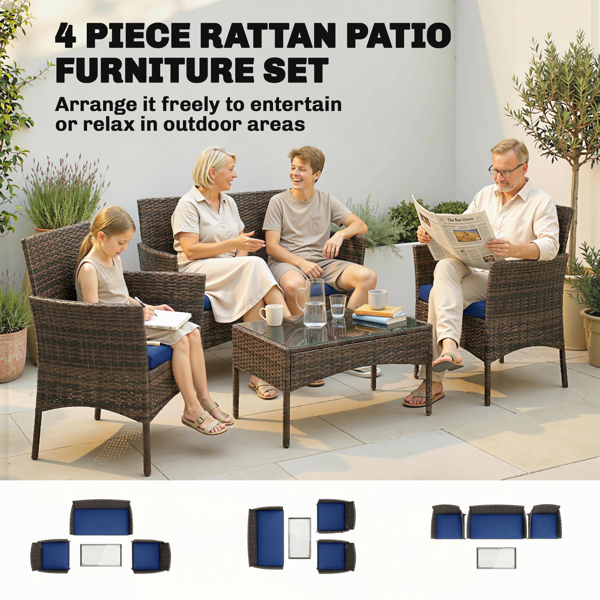 4 Pieces Wicker Outdoor Balcony Furniture Set Rattan Patio Furniture Set with Loveseat Chairs Glass Coffee Table Navy Blue