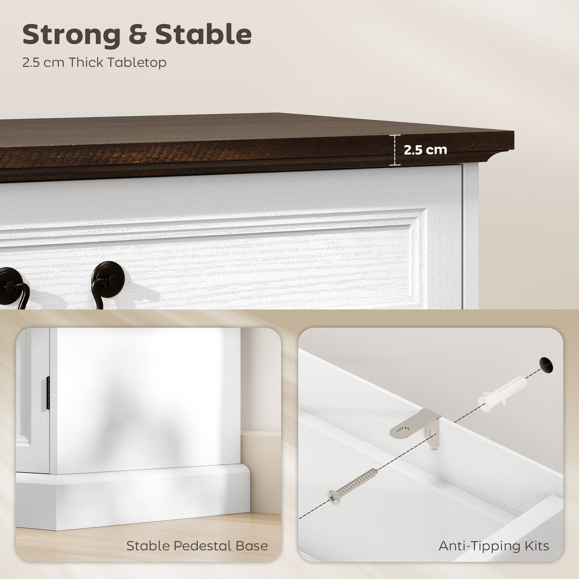 Buffet Cabinet, 55" Farmhouse Sideboard with Charging Station, 2 Drawers and 2 Adjustable Shelves, White Wood Grain