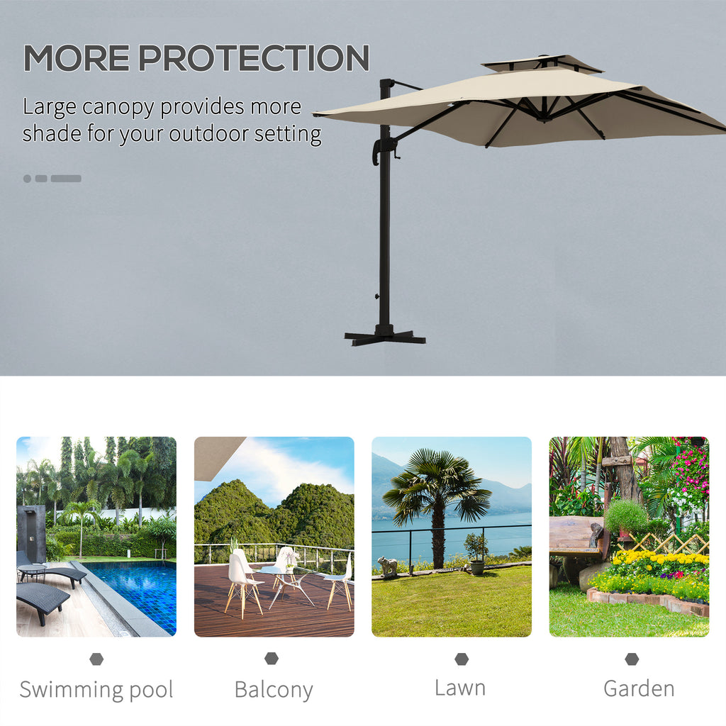 10ft Square Cantilever Patio Umbrella, 360Â° Rotating Overhanging Umbrella with Cross Base, Crank Handle, Khaki