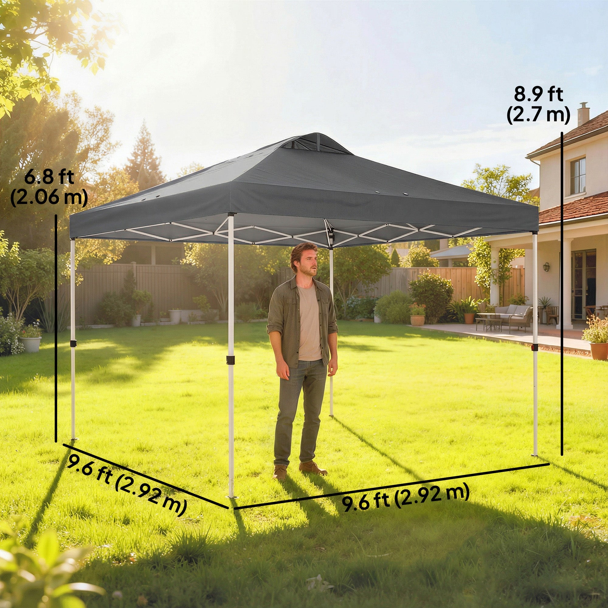 Pop Up Canopy Waterproof Canopy Tent with Carrying Bag for Parties Garden BBQs 9.8' x 9.8', Dark Grey