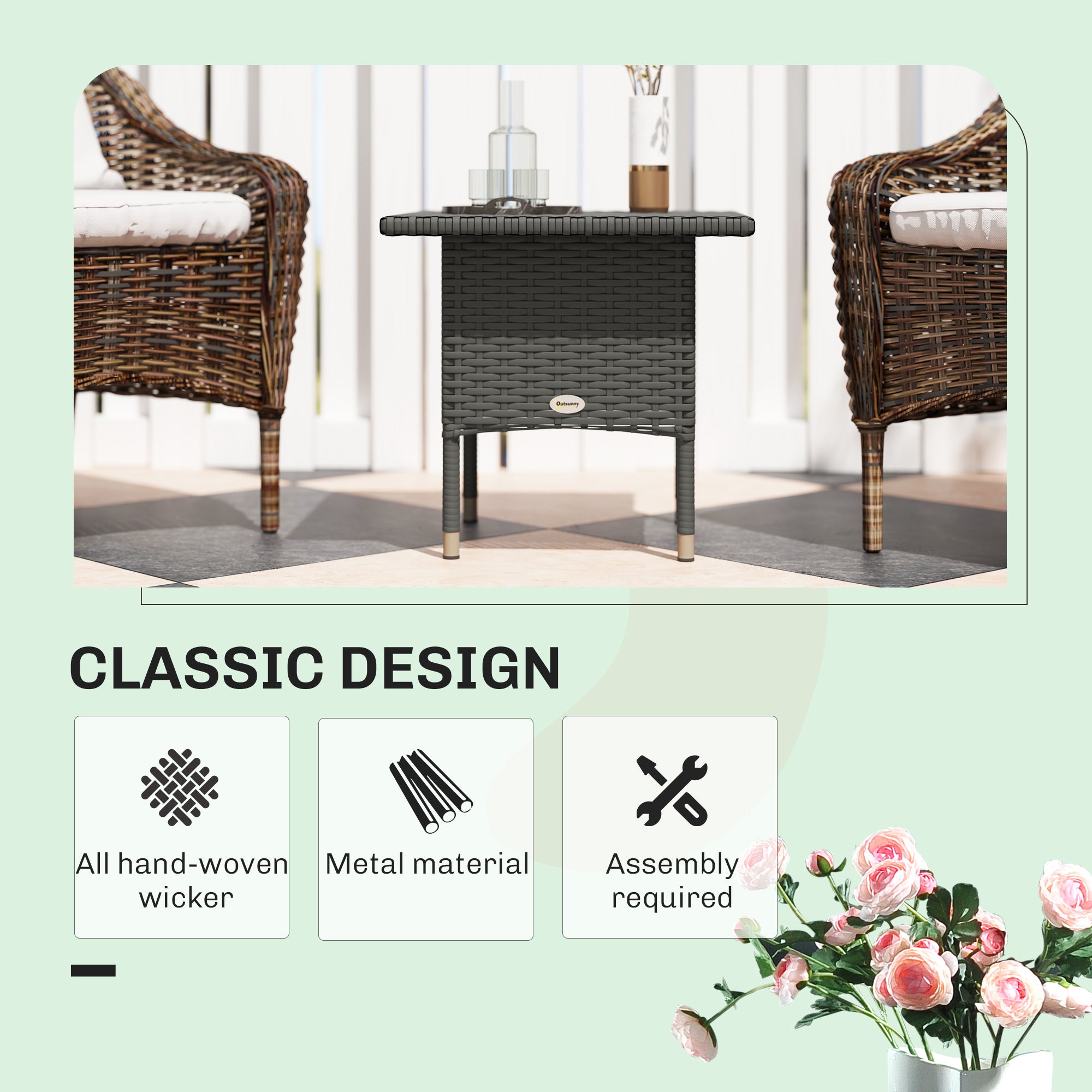 Wicker Outdoor Side Table, 20" Square Patio End Table w/ Full Woven Top, Grey