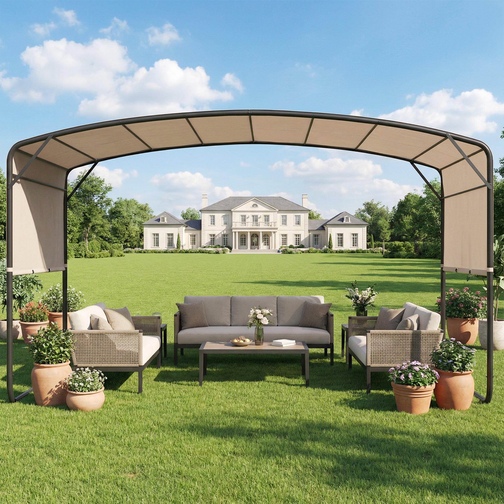 10' x 13' Retractable Pergola Canopy, Outdoor Metal Pergola Gazebo Sun Shade Shelter with Steel Frame, Khaki