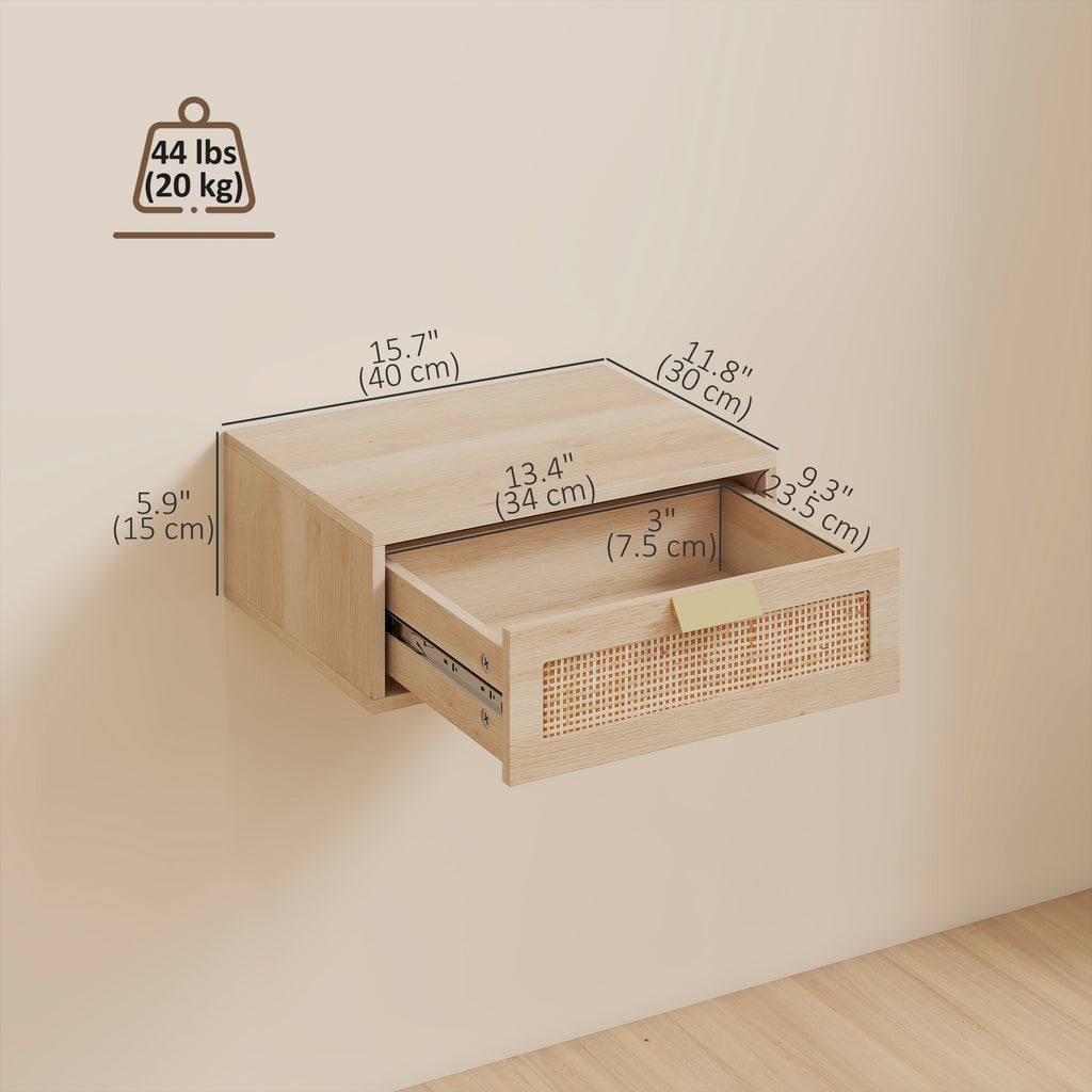 Floating Bedside Tables Set of 2, Wall Mounted Nightstands with Rattan Drawer and Wood Effect, Oak
