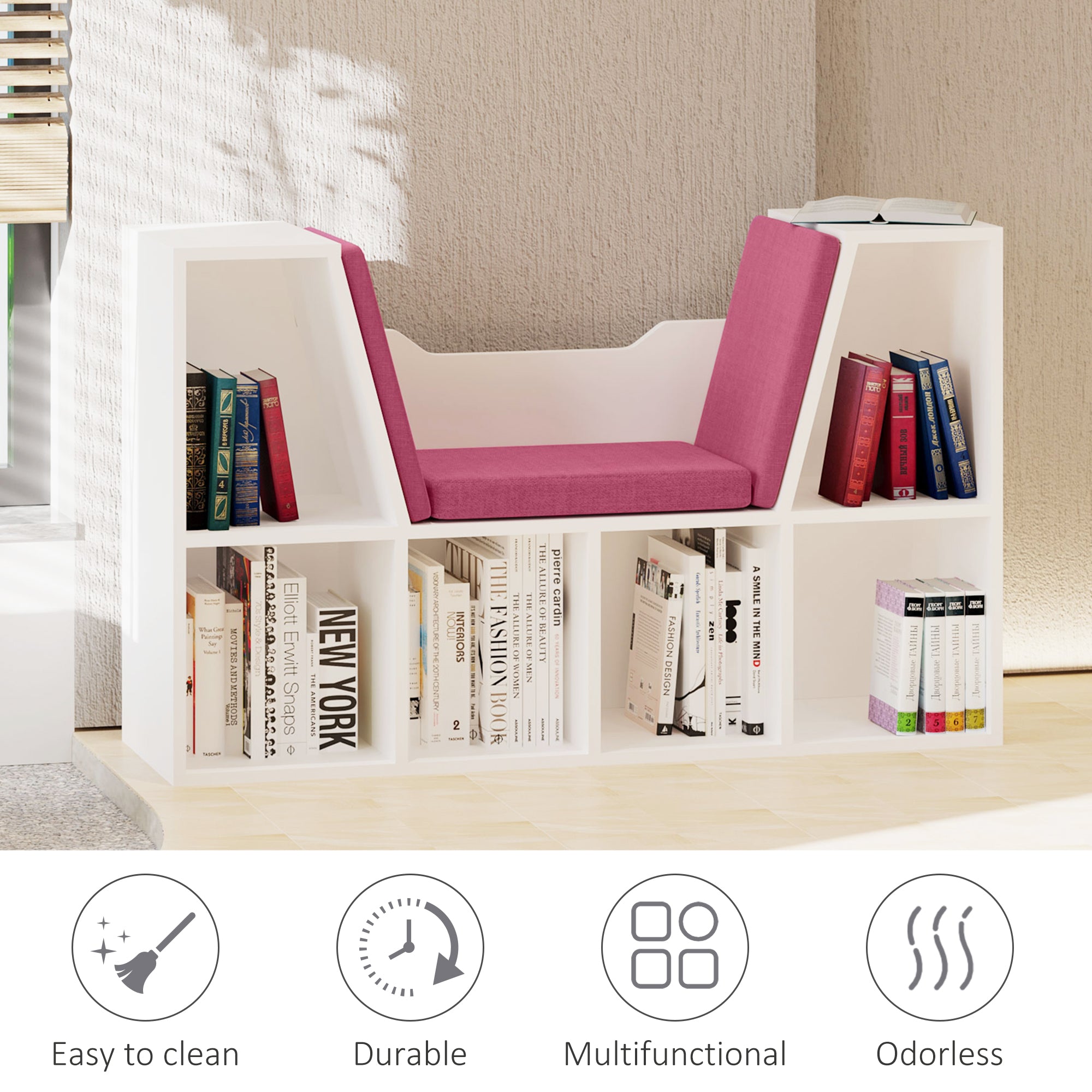 6-Cubby Bookcase with Seat Cushion, Cube Storage Shelf with Reading Nook for Home Office, Study, Pink