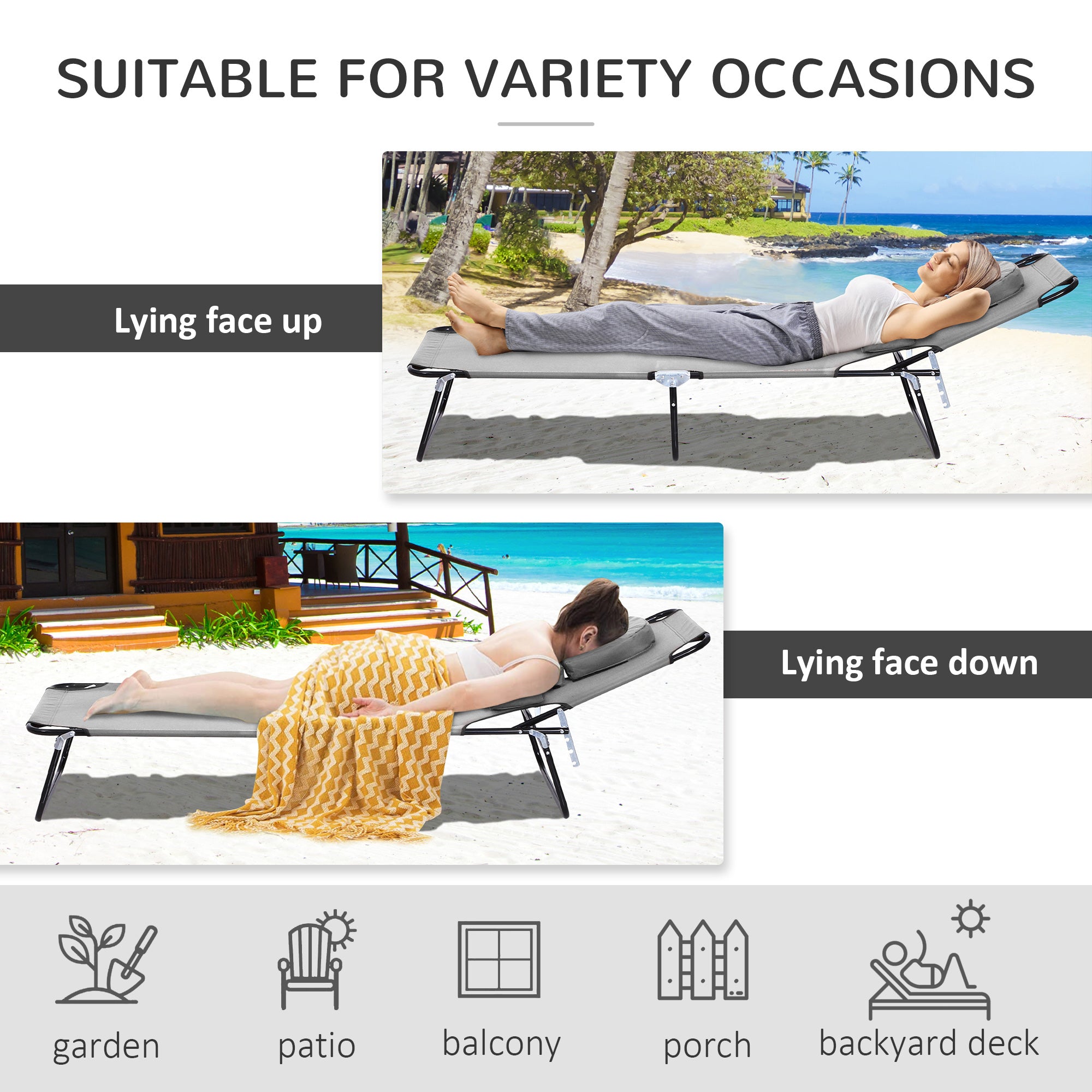 Adjustable Outdoor Lounge Chair, Garden Folding Chaise Lounge with Face Hole Reclining Tanning Chair Seat, Folding Camping Beach Lounging Bed w/ Support Pillow, Grey