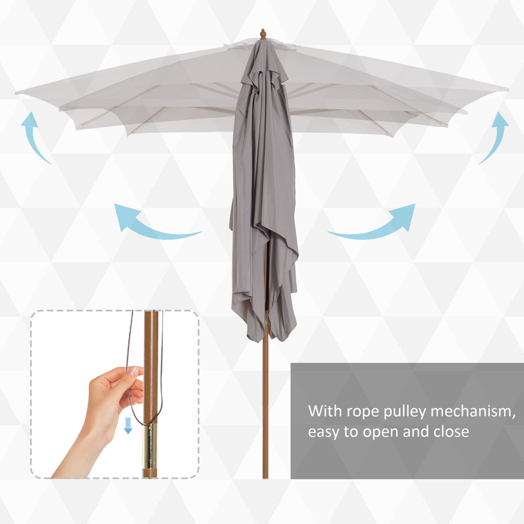 7' x 10' Wooden Patio Umbrella, Rectangle Garden Parasol, Outdoor Sunshade Canopy with Bamboo Ribs for Garden, Grey