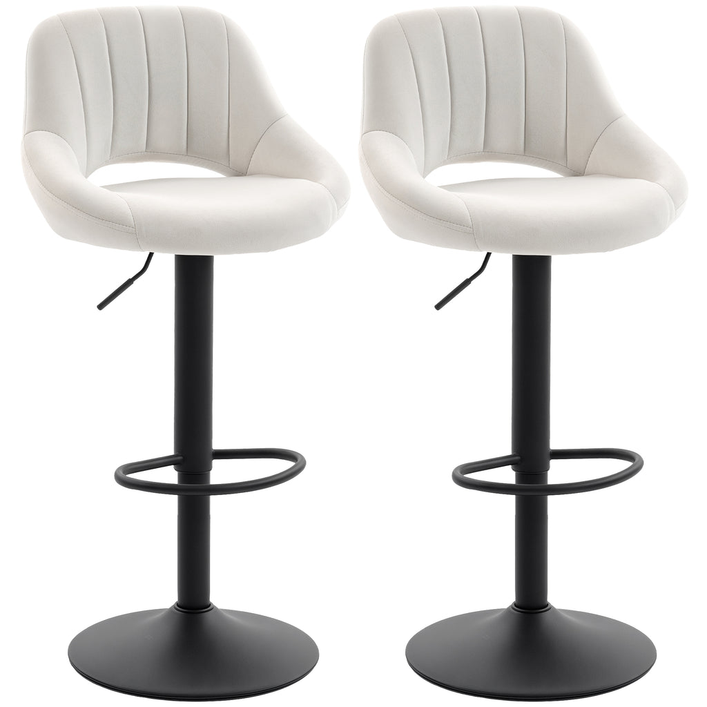 Bar Stools Set of 2, Swivel Counter Height Barstools with Adjustable Height and Cutout Back, Velvet Upholstered Bar Chairs with Round Metal Base and Footrest, Cream