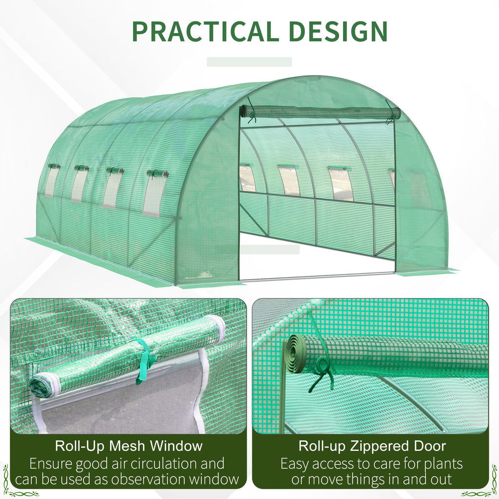 Walk-in Tunnel Greenhouse, 19 x 10 x 6.6 ft Hoop House with Zipped Roll-Up Door, 8 Mesh Windows, Wind Resistance Level 4, Green