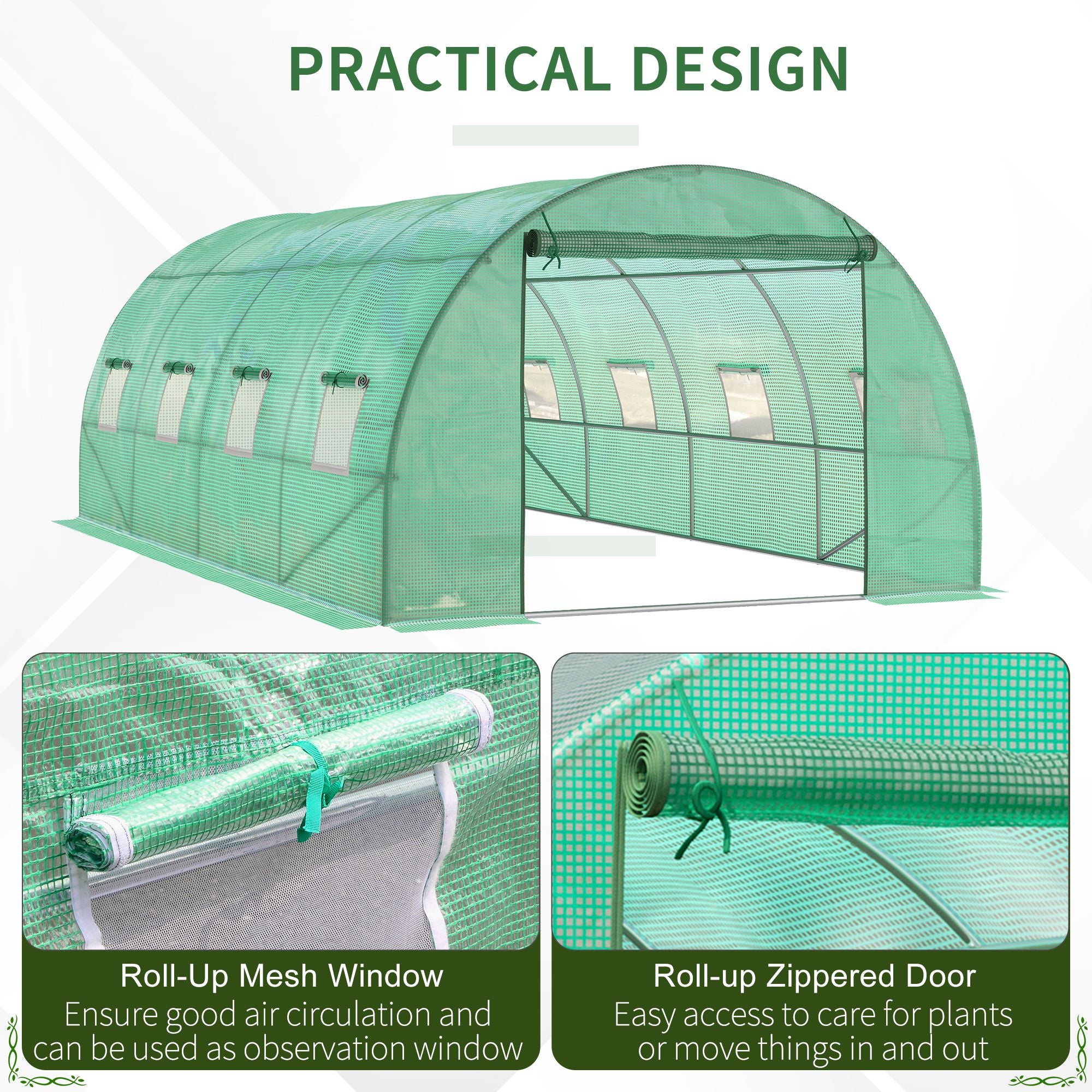 Walk-in Tunnel Greenhouse, 19 x 10 x 6.6 ft Hoop House with Zipped Roll-Up Door, 8 Mesh Windows, Wind Resistance Level 4, Green