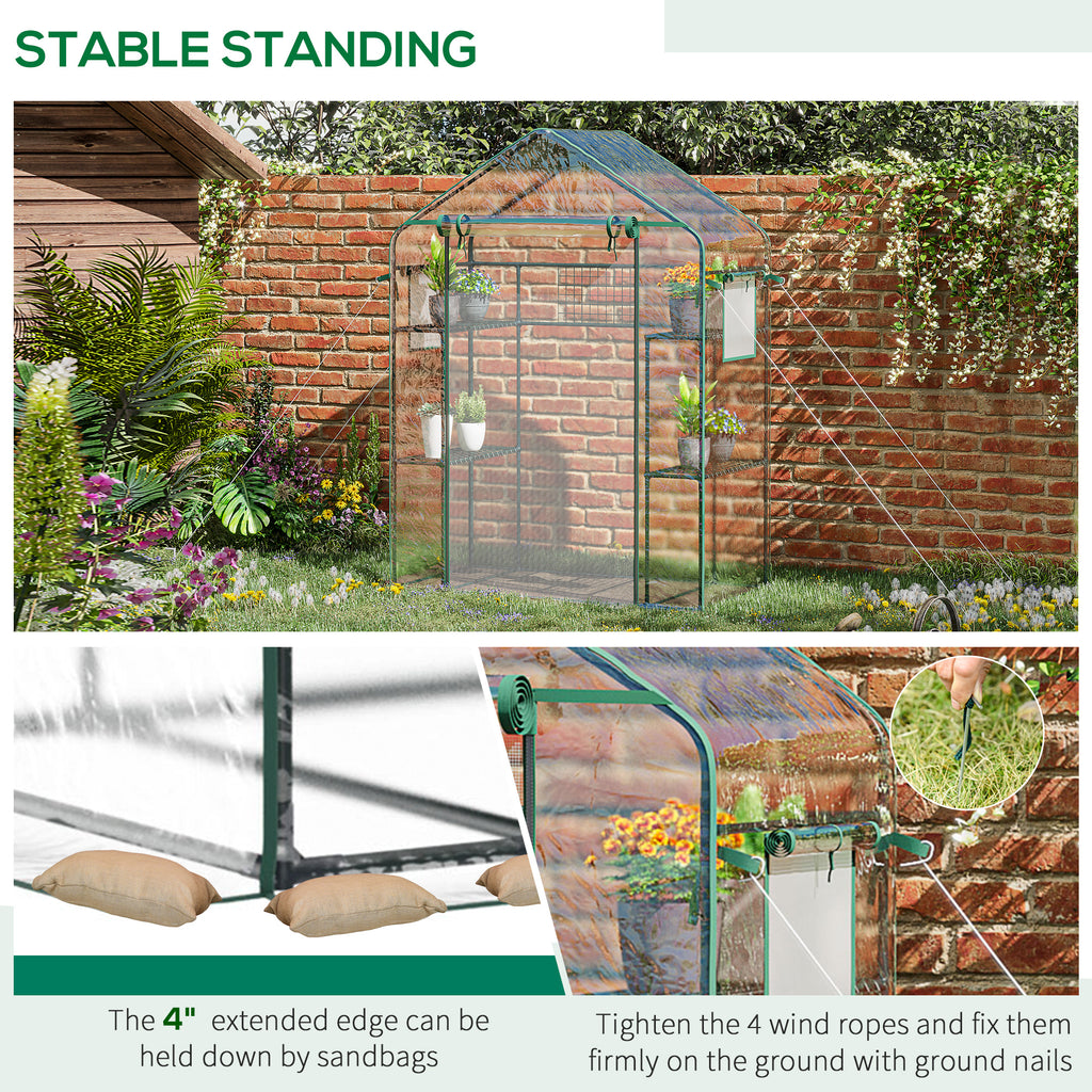 Walk-in Greenhouse with 4 Shelves, 56" x 29" x 77" Mini Greenhouse ,Roll-Up Door, Mesh Windows for Seedling, Flowers, Plant Growing, Clear
