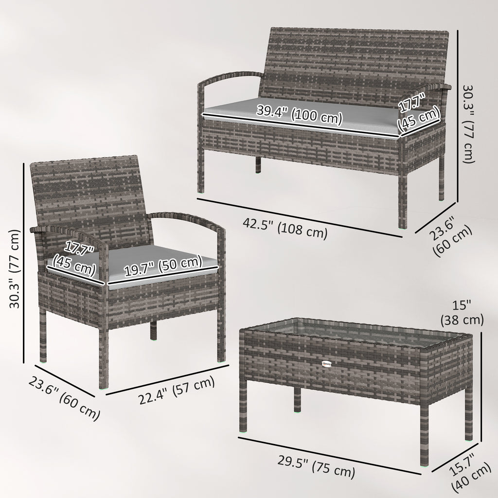 4 Pieces Patio Furniture Set with A Loveseat, Two Armchairs and A Coffee Table, Outdoor Conversation Set, Light Grey