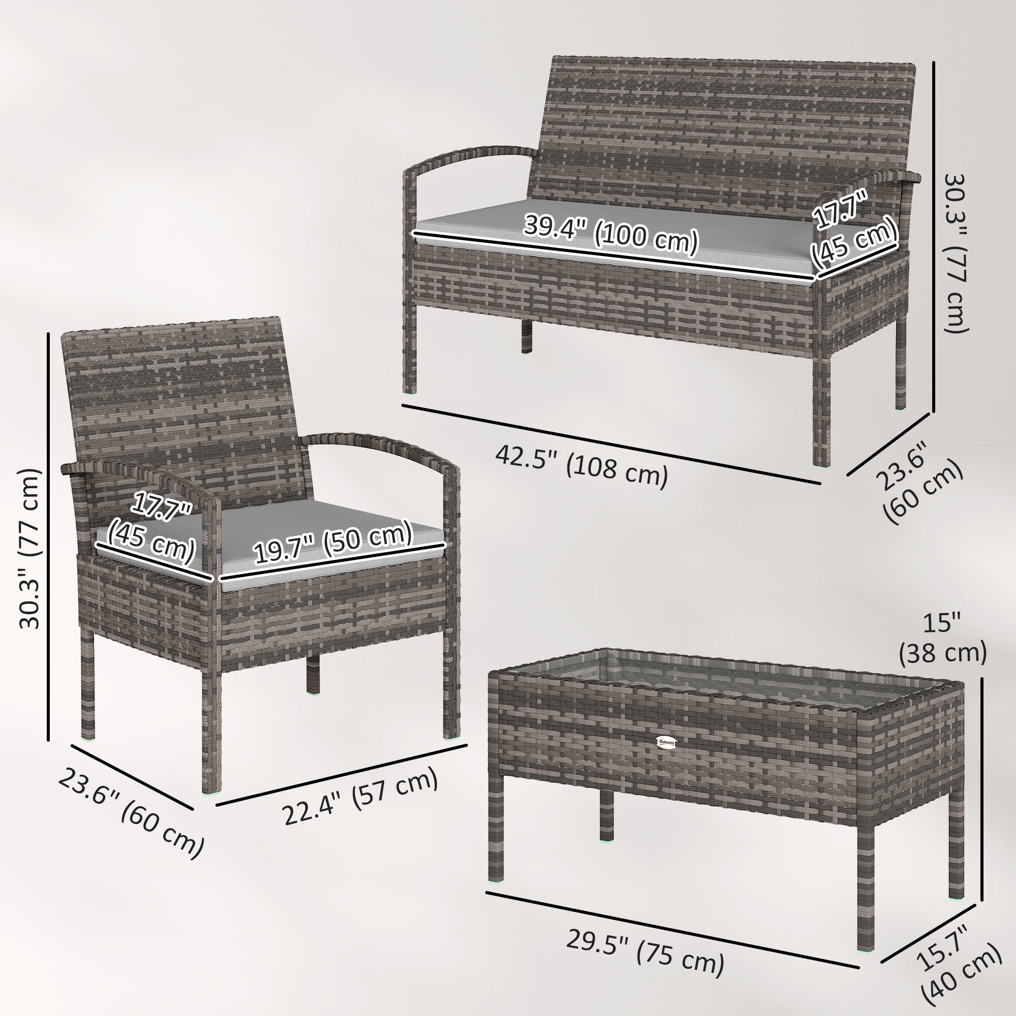 4 Pieces Patio Furniture Set with A Loveseat, Two Armchairs and A Coffee Table, Outdoor Conversation Set, Light Grey