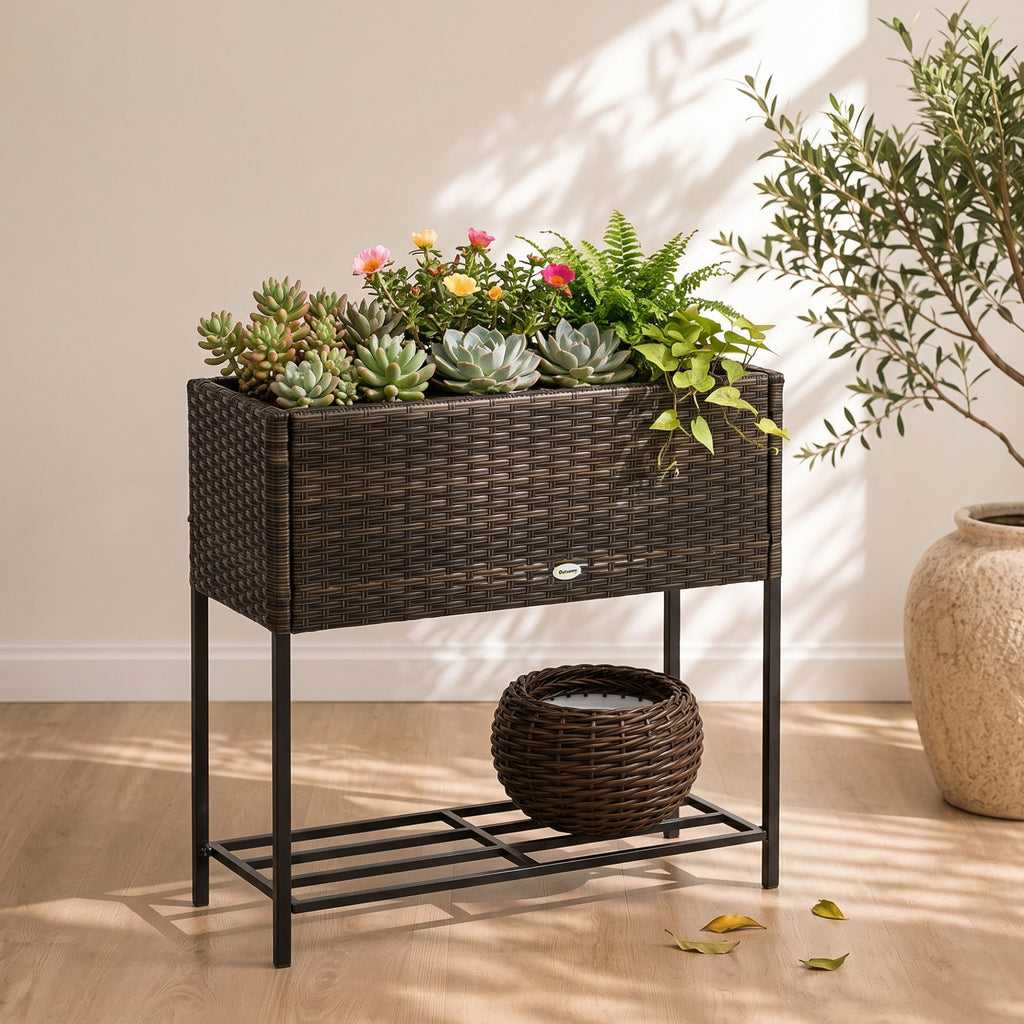 Rattan Raised Garden Boxes, Elevated Flower Beds with Storage Shelf for Herbs, Flowers, Vegetables, Brown