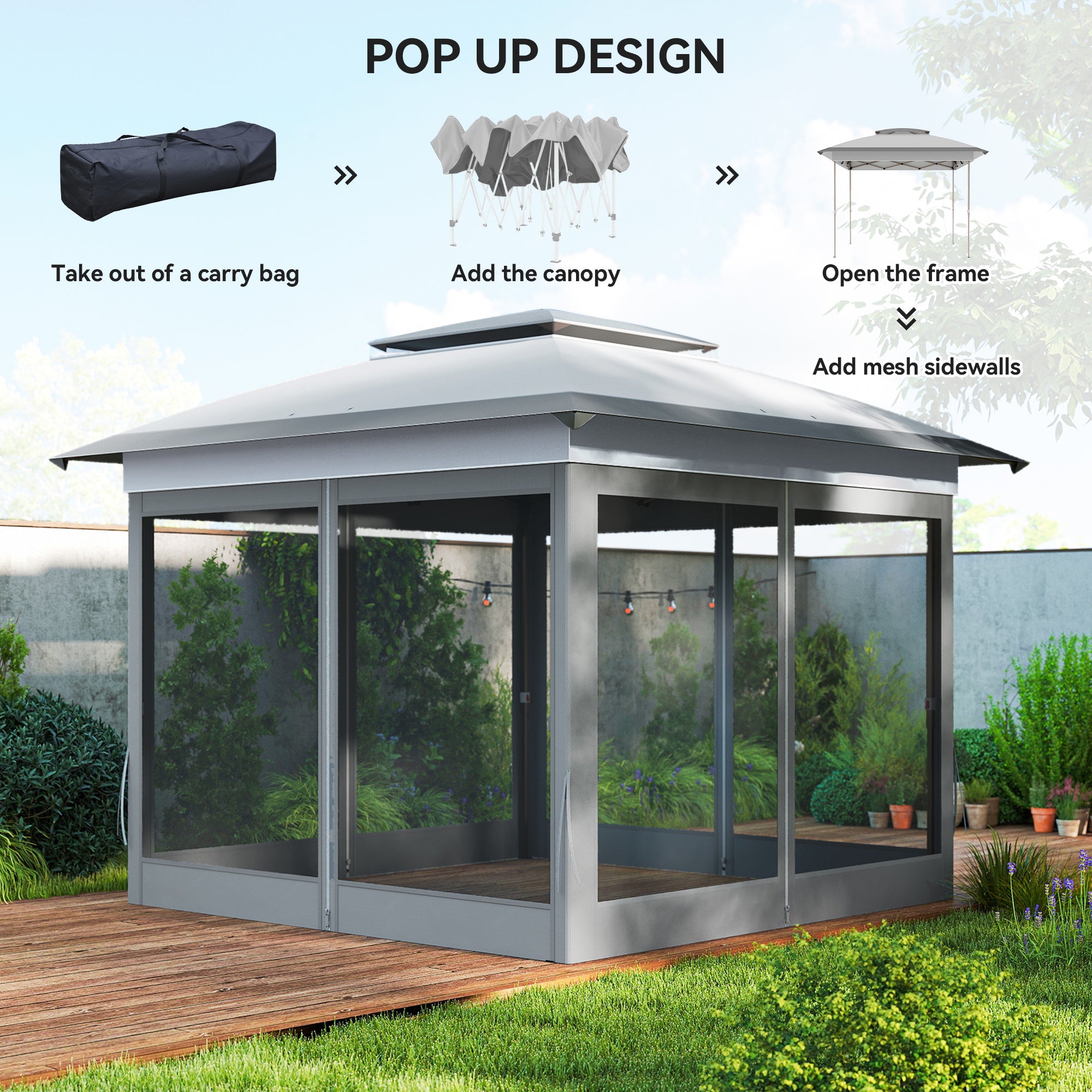 12' x 12' Pop Up Canopy Sun Shade Instant Tent Folding with Mesh Sidewalls, Grey