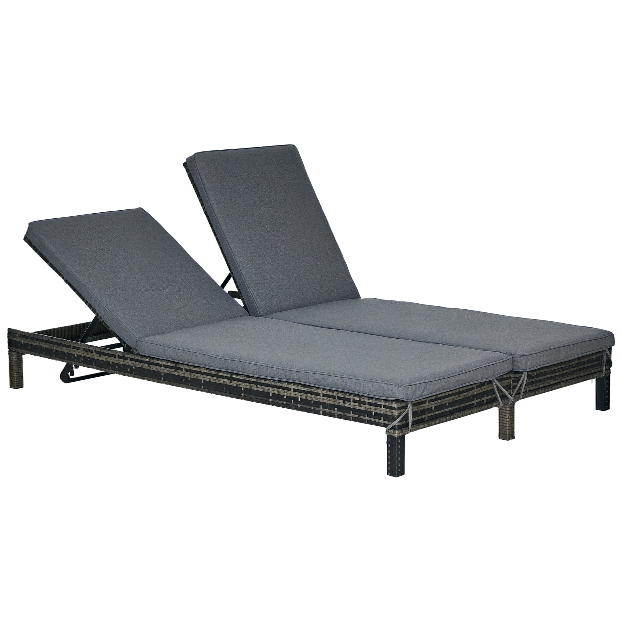 Wicker Double Chaise Lounge Chair Outdoor Recliner 2 Person Rattan Patio Reclining Sunbed Furniture Cushioned w/Adjustable Backrest, Black, Grey