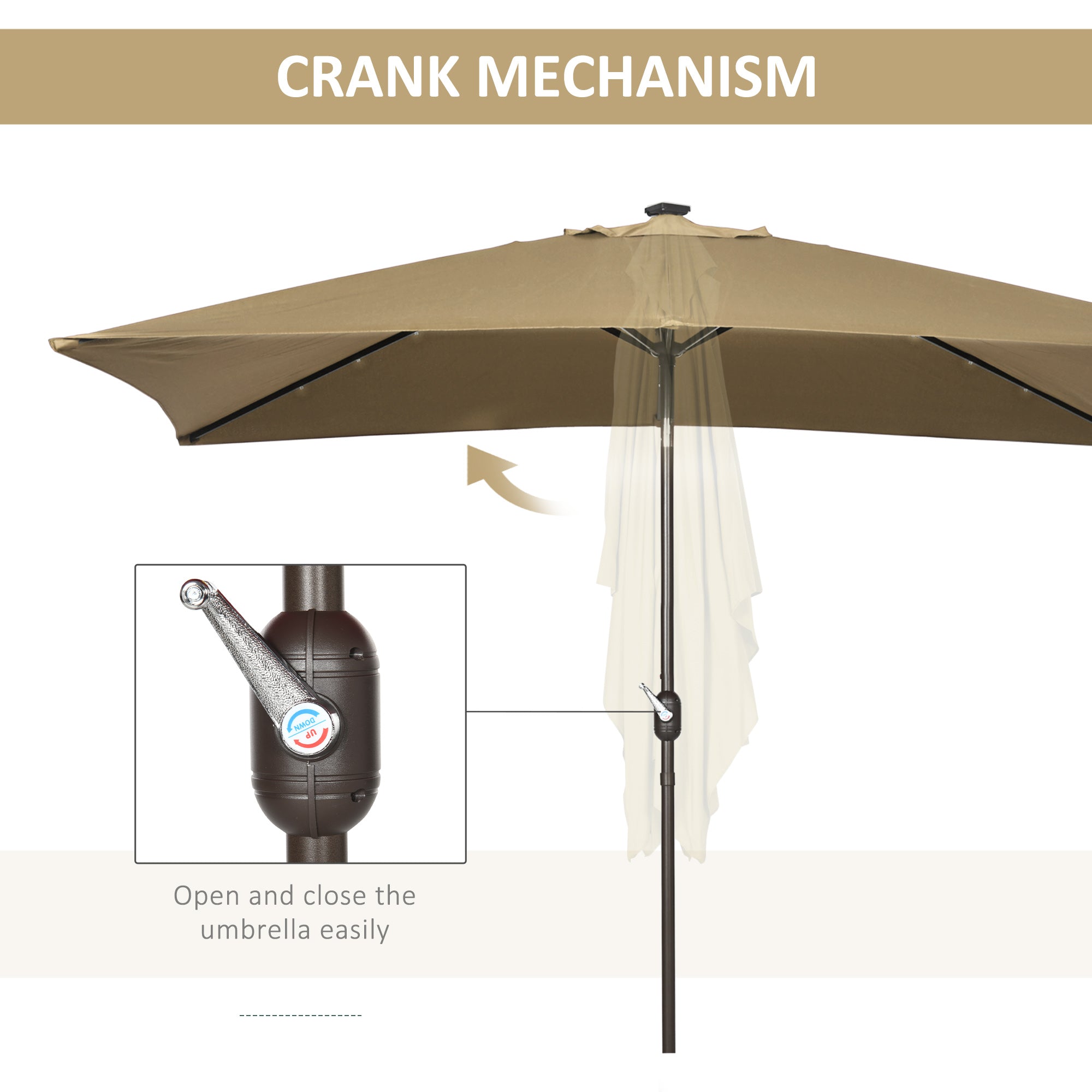 6.5x10ft Patio Umbrella Rectangle Solar Powered Tilt Aluminum Outdoor Market Parasol with LEDs Crank (Light Coffee)
