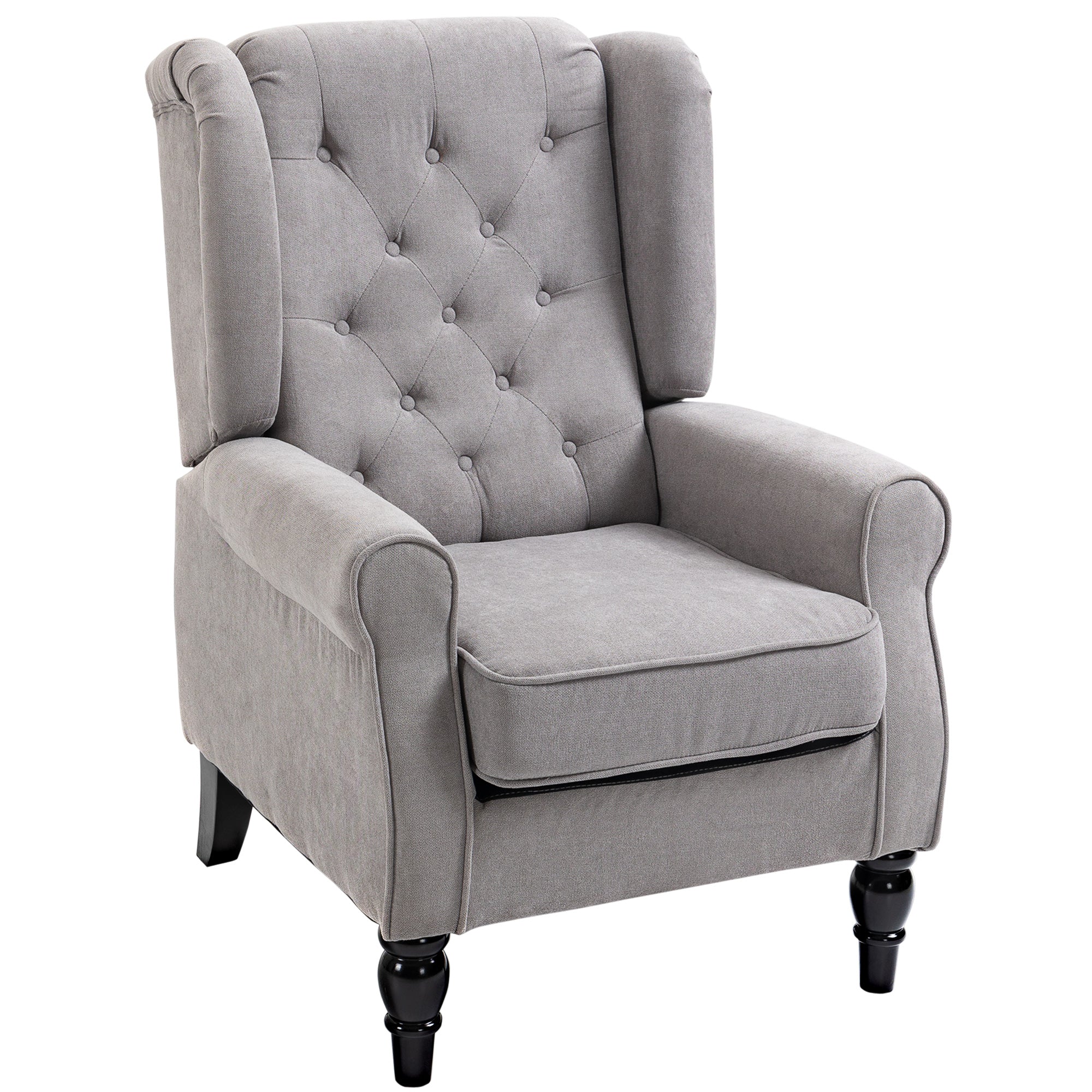 Fabric Accent Chair, Button Tufted Armchair, Upholstered Modern Living Room Chair, Wingback Chair with Wood Legs, Rolled Arms, Thick Padding for Bedroom, Grey