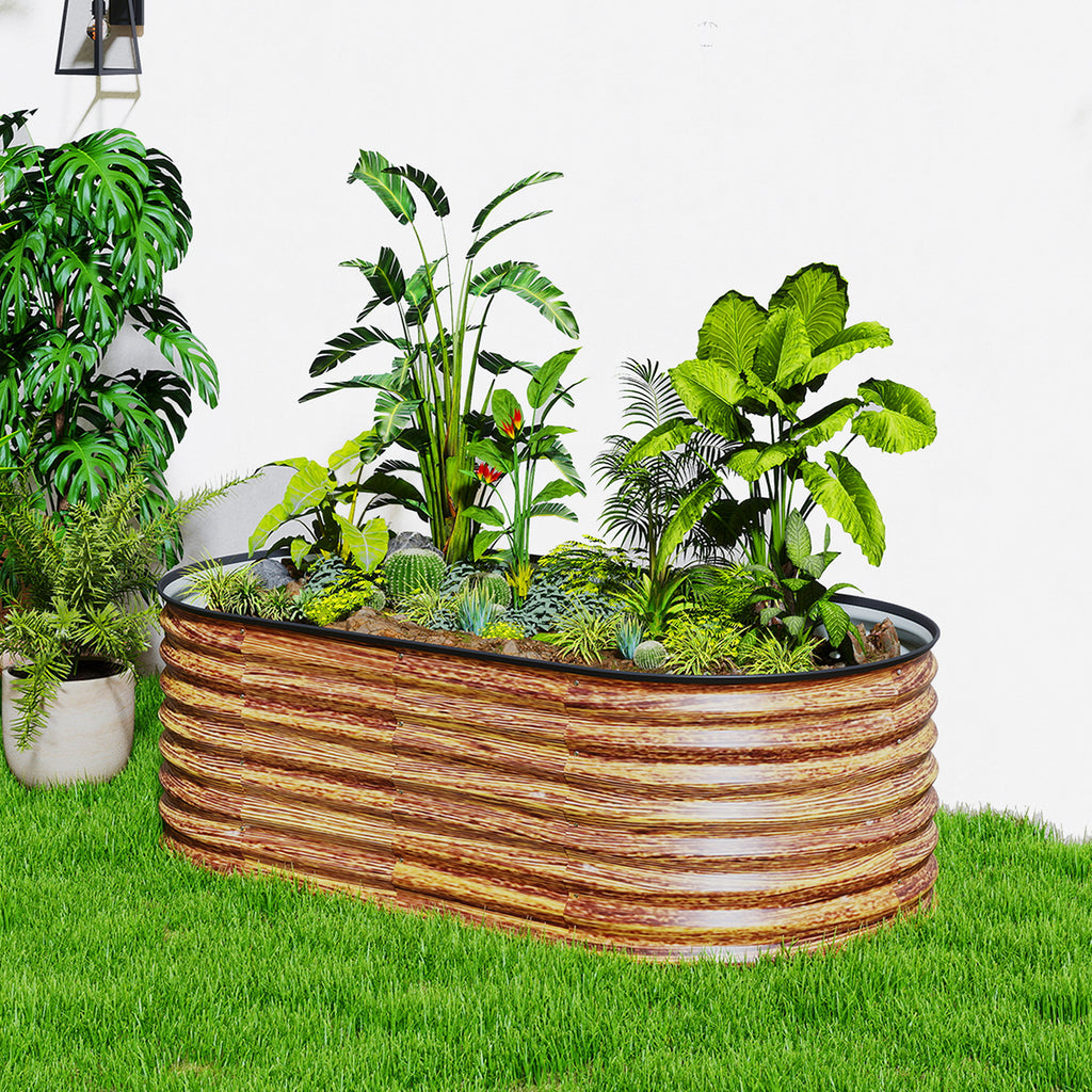 5 x 2.5 x 2 ft Galvanized Raised Garden Bed, Easy DIY Oval Planter Box with Safety Edging and Gloves, Brown Wood Effect