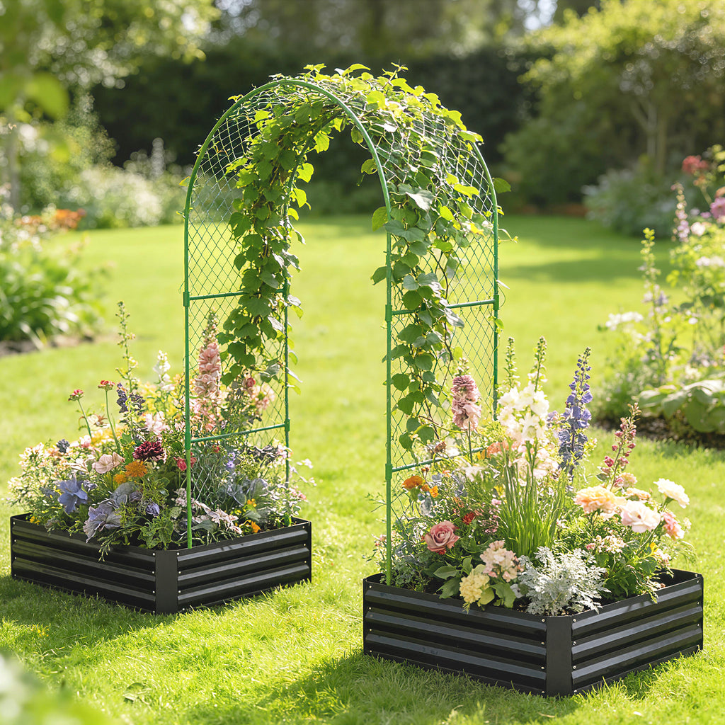 Metal Raised Garden Bed with Trellis, Galvanized Garden Bed Kit Outdoor Garden Box with Trellis, Black