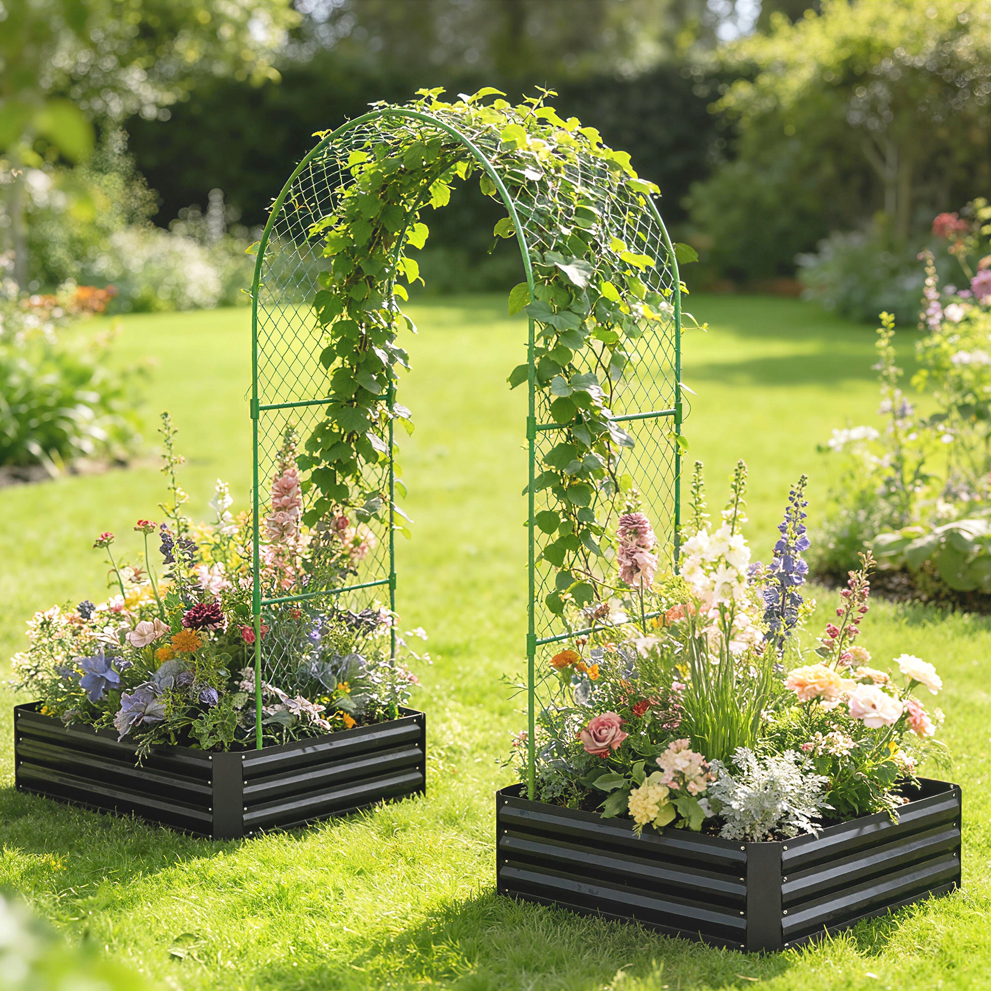 Metal Raised Garden Bed with Trellis, Galvanized Garden Bed Kit Outdoor Garden Box with Trellis, Black