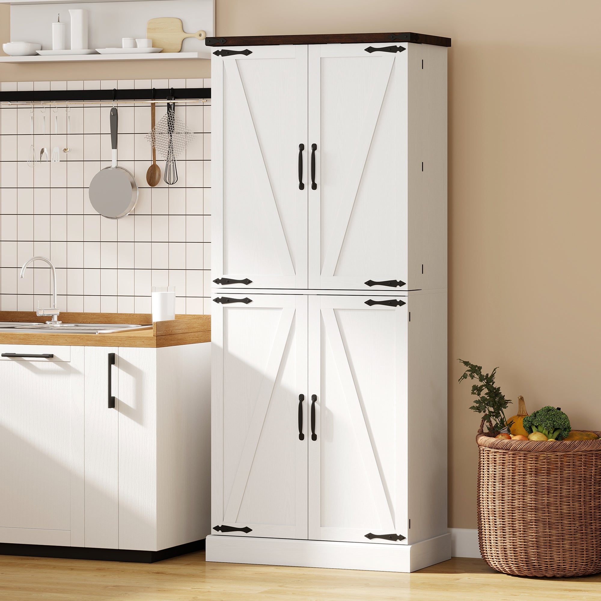 72" Tall Kitchen Pantry Cabinet, Farmhouse Storage Cabinet with 8 Door Racks and Adjustable Shelves, White