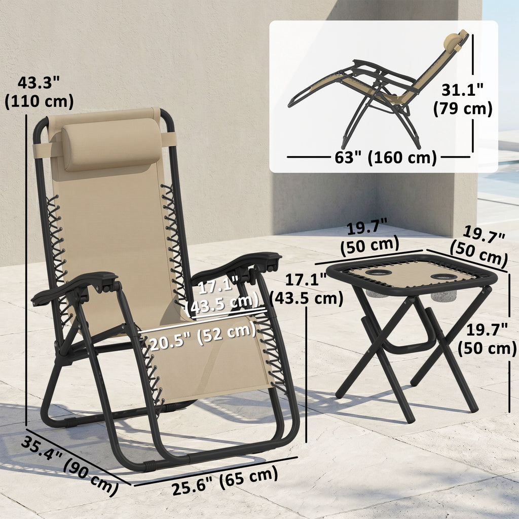 Zero Gravity Chair Set of 2 Patio Chair with Side Table Cupholders and Pillows for Pool, Backyard, Lawn, Beige