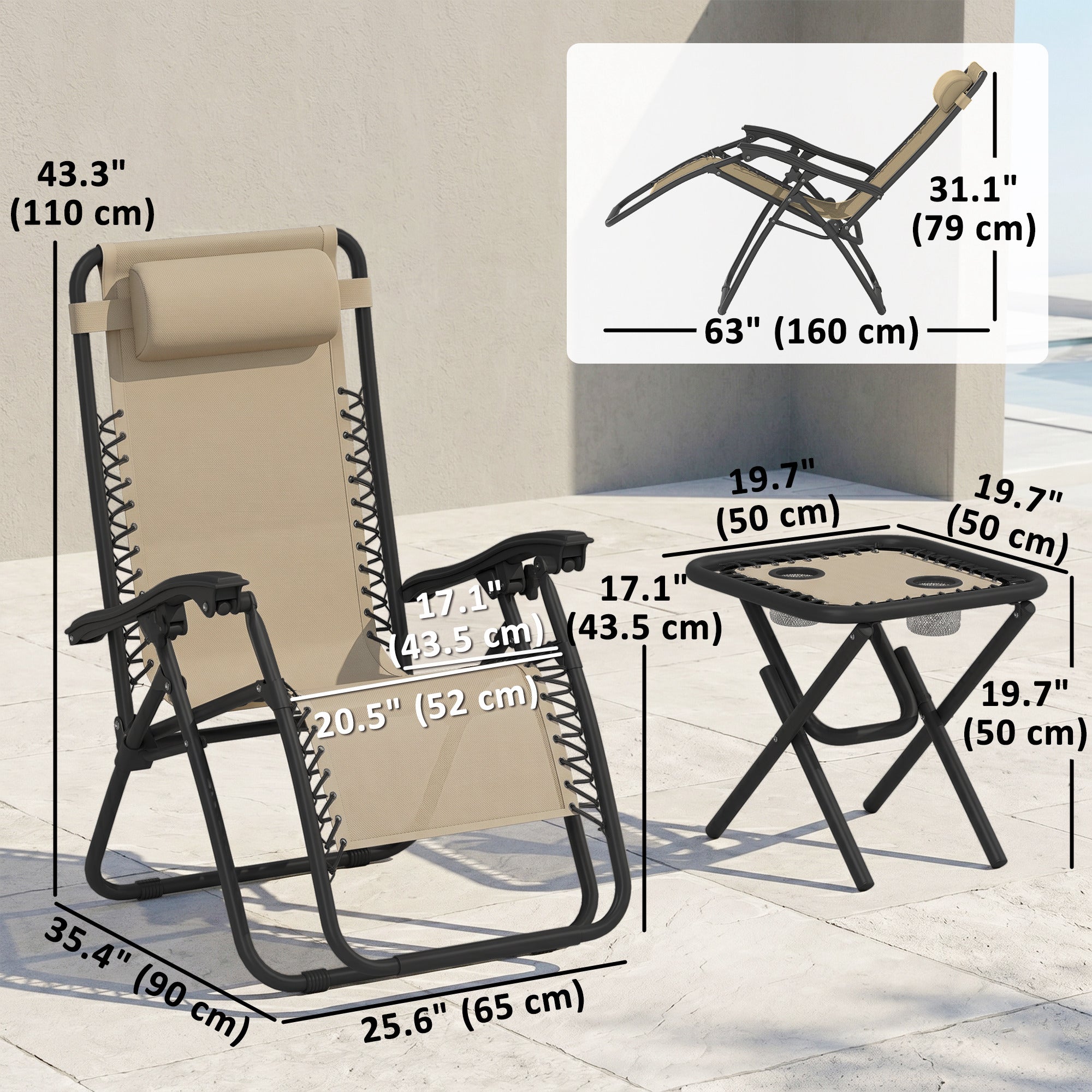 Zero Gravity Chair Set of 2 Patio Chair with Side Table Cupholders and Pillows for Pool, Backyard, Lawn, Beige
