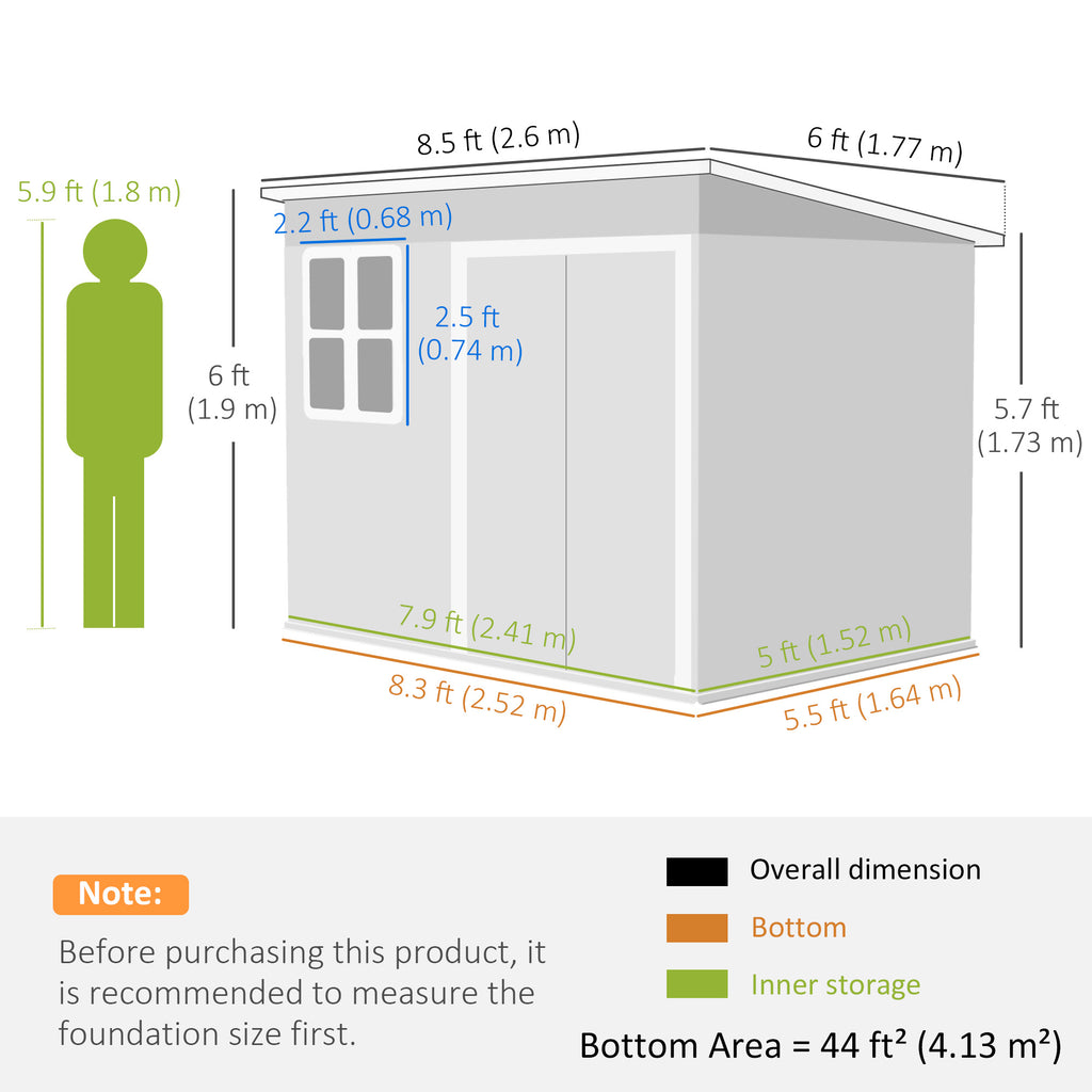 8.5' x 6' Galvanised Steel Outdoor Storage Shed, Garden Shed with Window, Lockable Wide Doors and Air Vents, Dark Grey