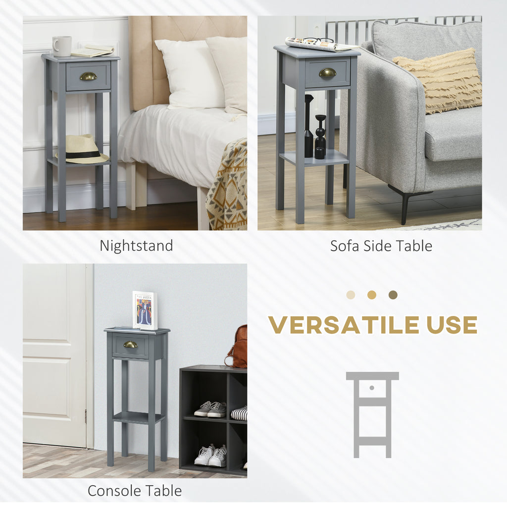 Bedside Table Set of 2, Narrow Side Table with Drawer and Shelf, 2 Tier Tall Nightstand for Bedroom, Grey
