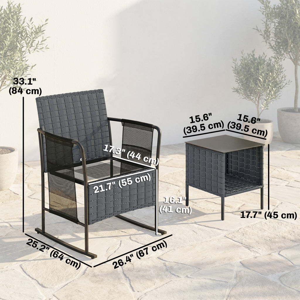 3 Pieces Rocking Bistro Set Outdoor Patio Furniture Set with Side Pockets, Mesh Seat, Cushions, 2-Tier Table, Grey