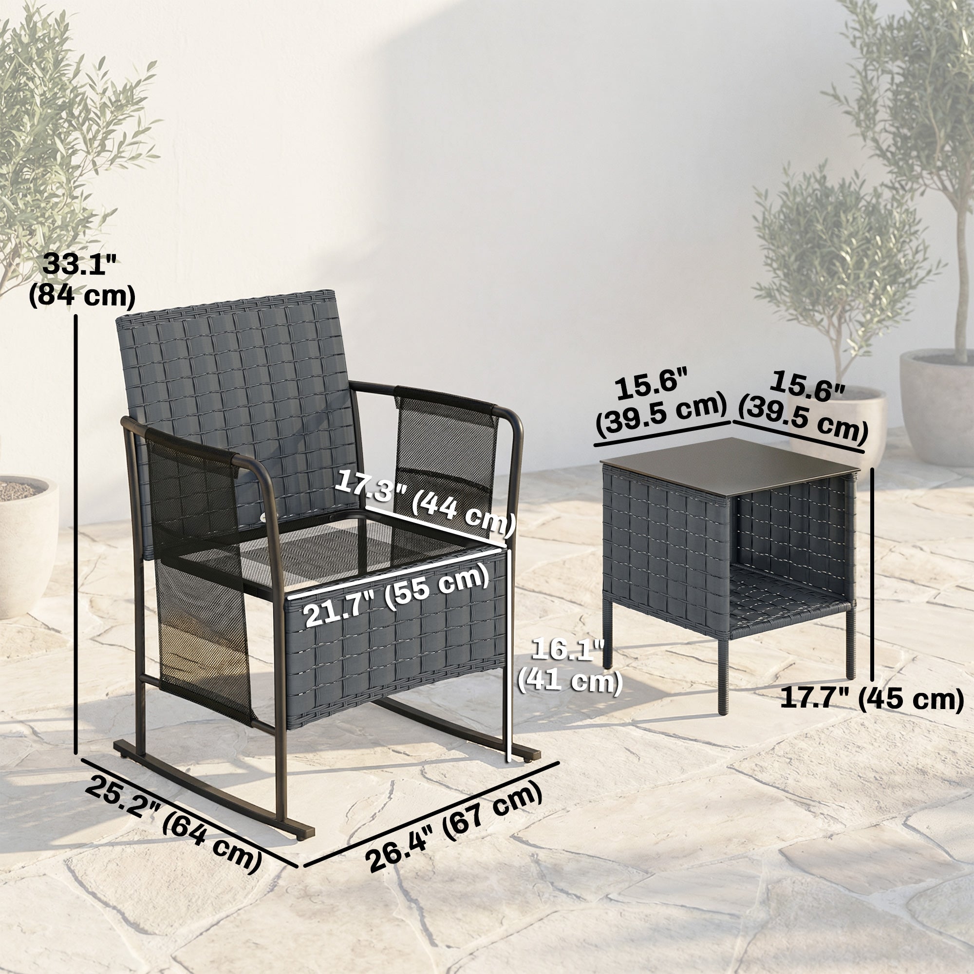3 Pieces Rocking Bistro Set Outdoor Patio Furniture Set with Side Pockets, Mesh Seat, Cushions, 2-Tier Table, Grey