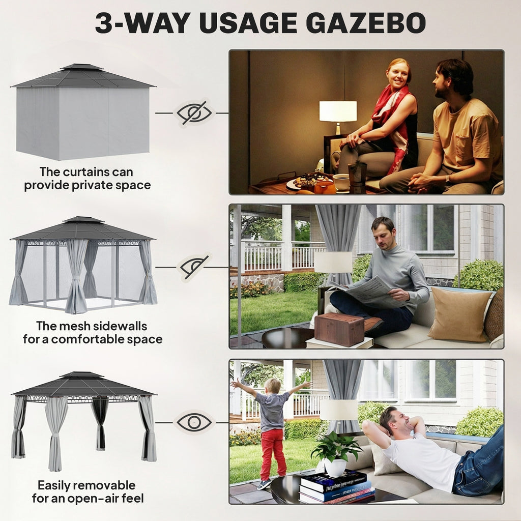 10' x 12' OutdoorÂ Hardtop Gazebo Canopy w/Â Double PC Roof, Steel Frame, Nettings,Â Curtains forÂ GardenÂ LawnÂ Deck, Grey