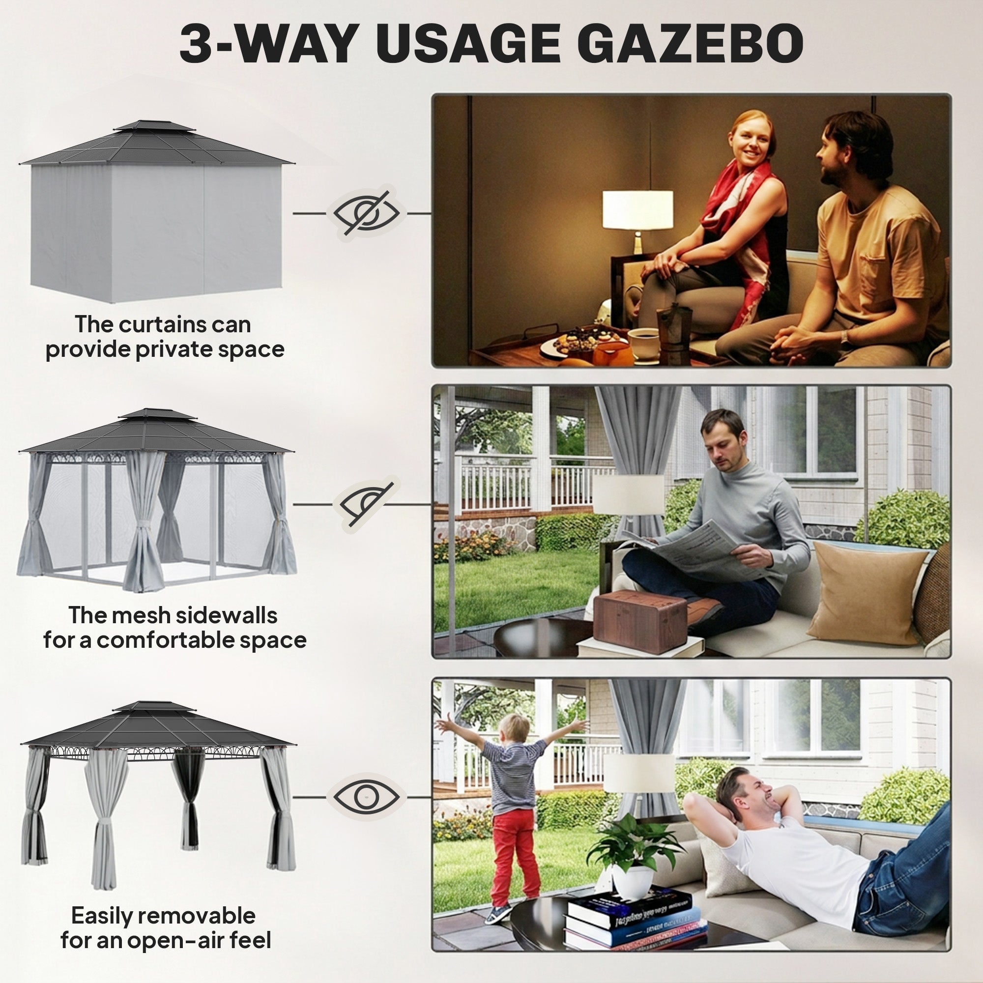 10' x 12' OutdoorÂ Hardtop Gazebo Canopy w/Â Double PC Roof, Steel Frame, Nettings,Â Curtains forÂ GardenÂ LawnÂ Deck, Grey