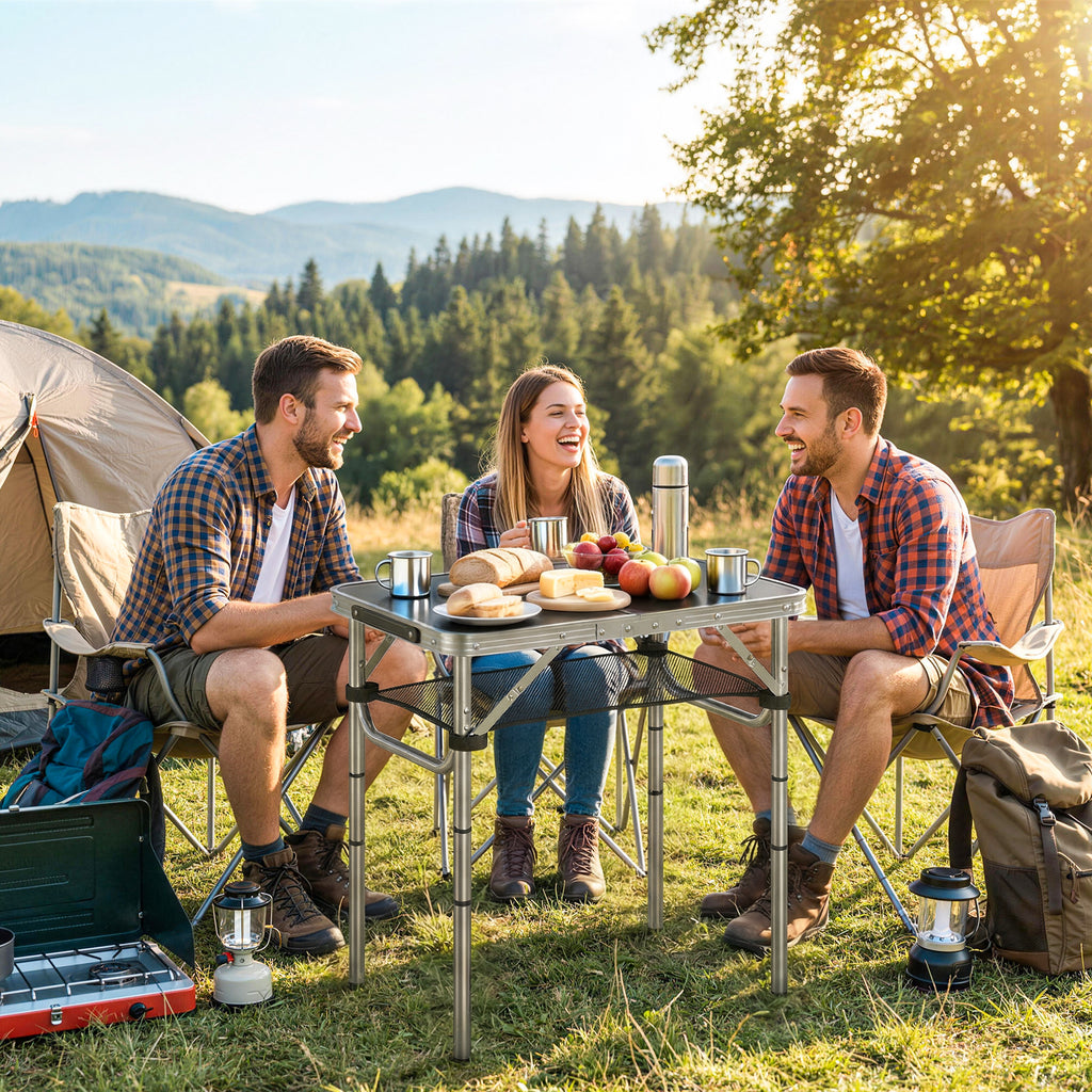 2ft Folding Camping Table, Picnic Table with Mesh Storage Layer, 4 Adjustable Heights and Carrying Handle, Black